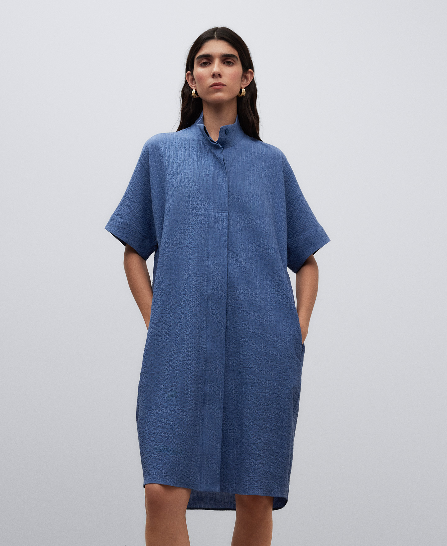 Vestido midi en algodón azul mujer image number 0