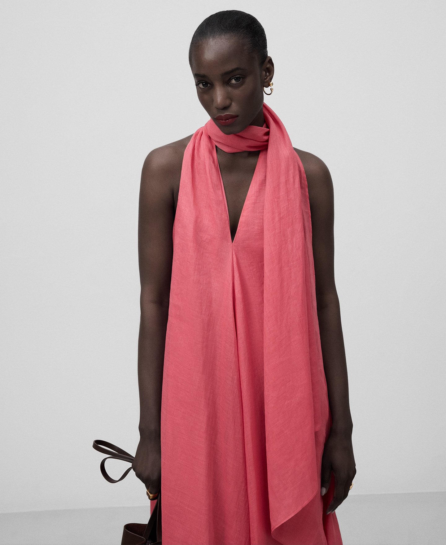 Ramie scarf collar dress woman image number 0