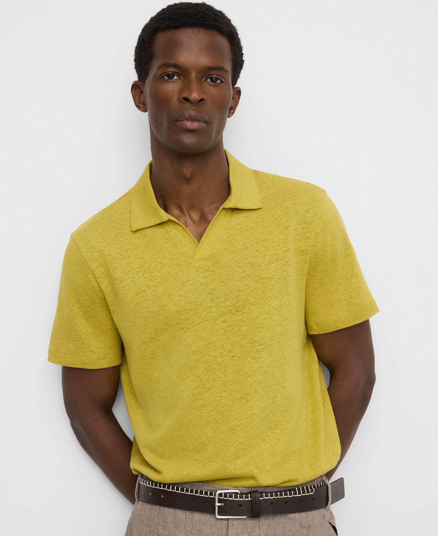 Linen and cotton V-neck polo shirt image number 0
