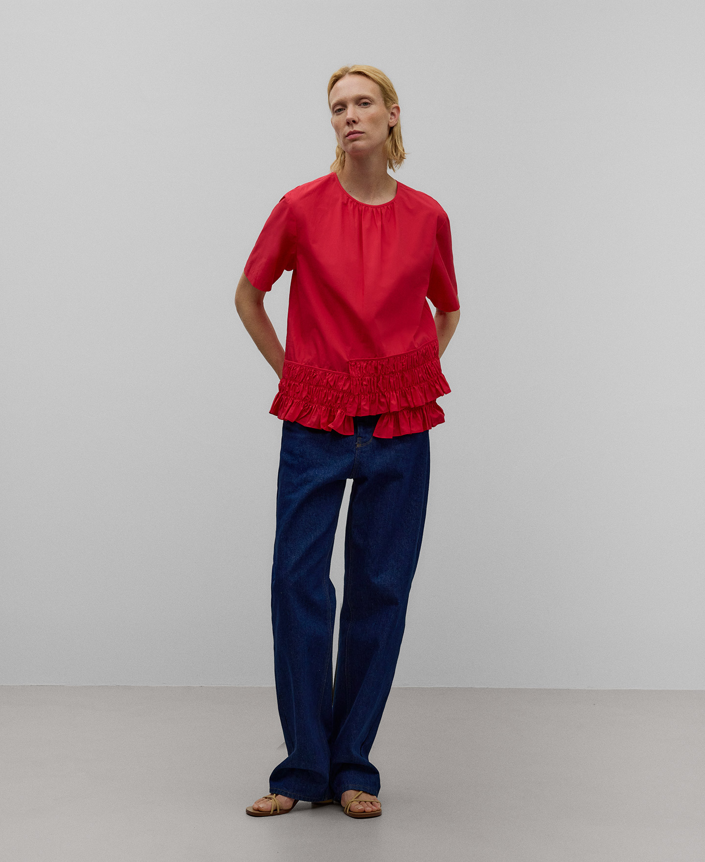 Red ruffle blouse woman image number 1