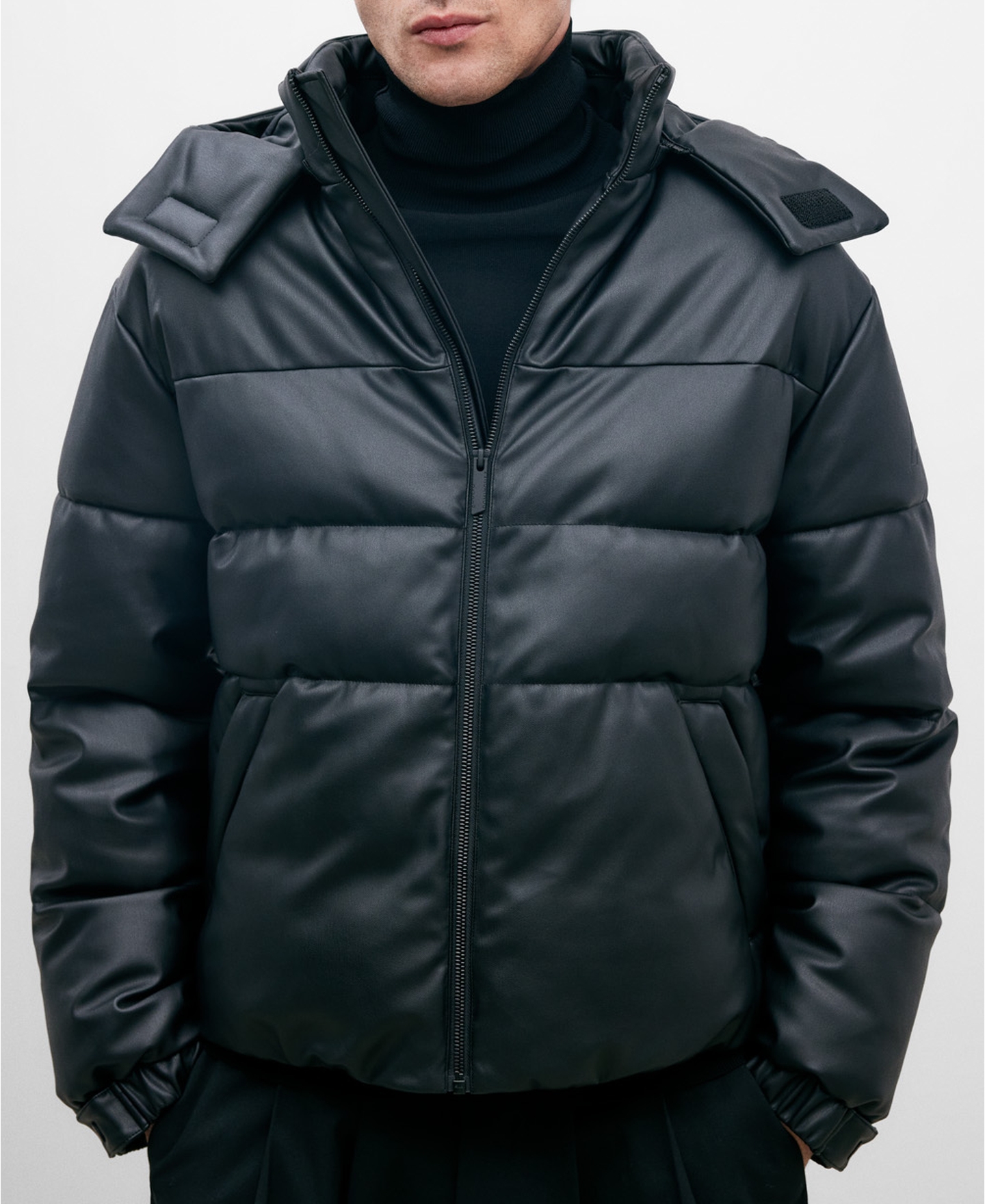 Black padded jacket with hood for men image number 0