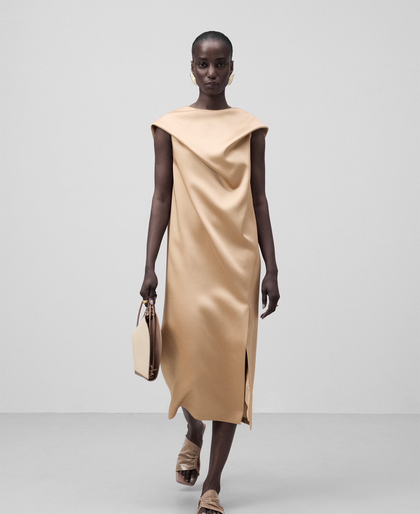 Draped neckline beige dress woman image number 0