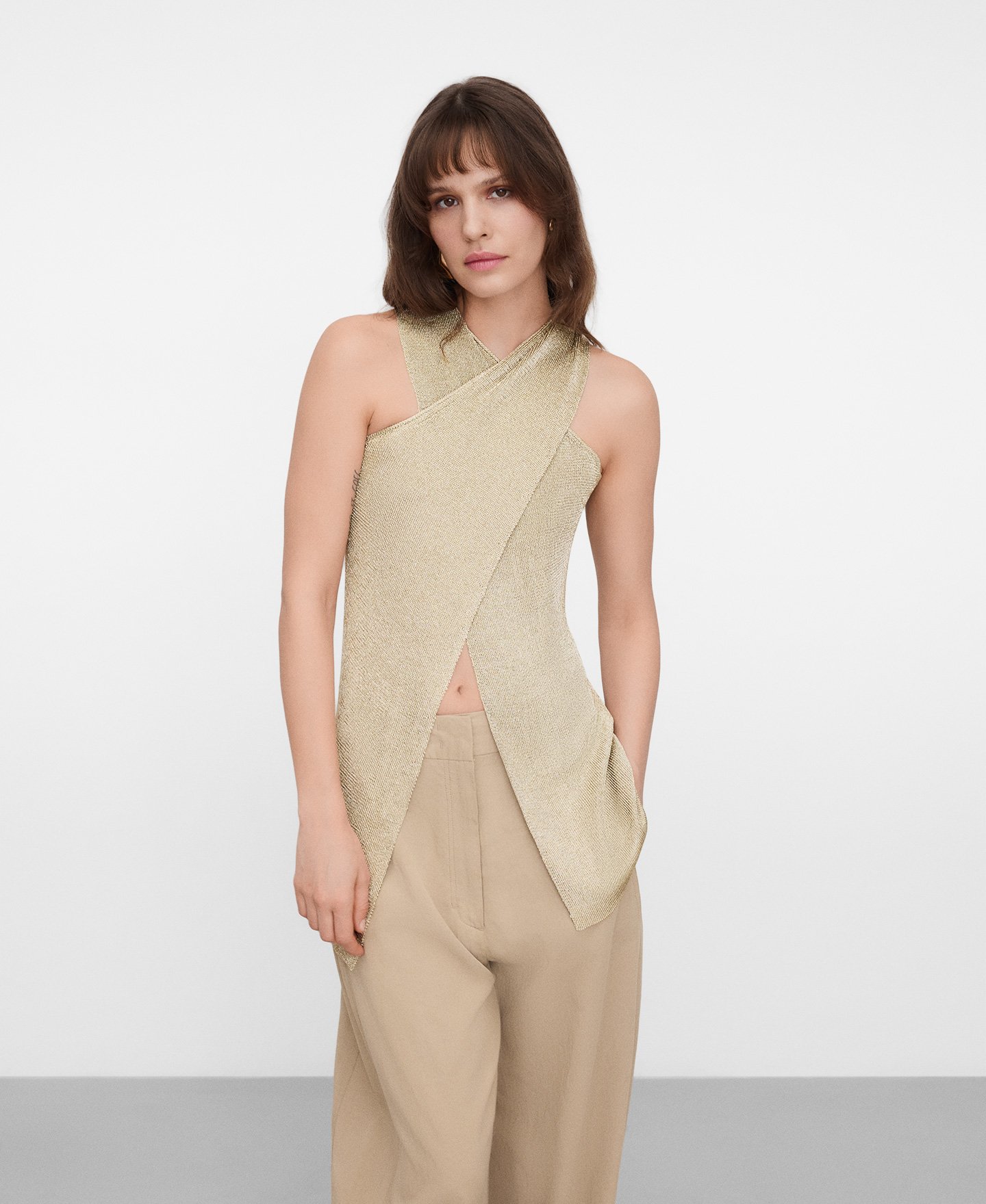 Metallic knit wrap top image number 0