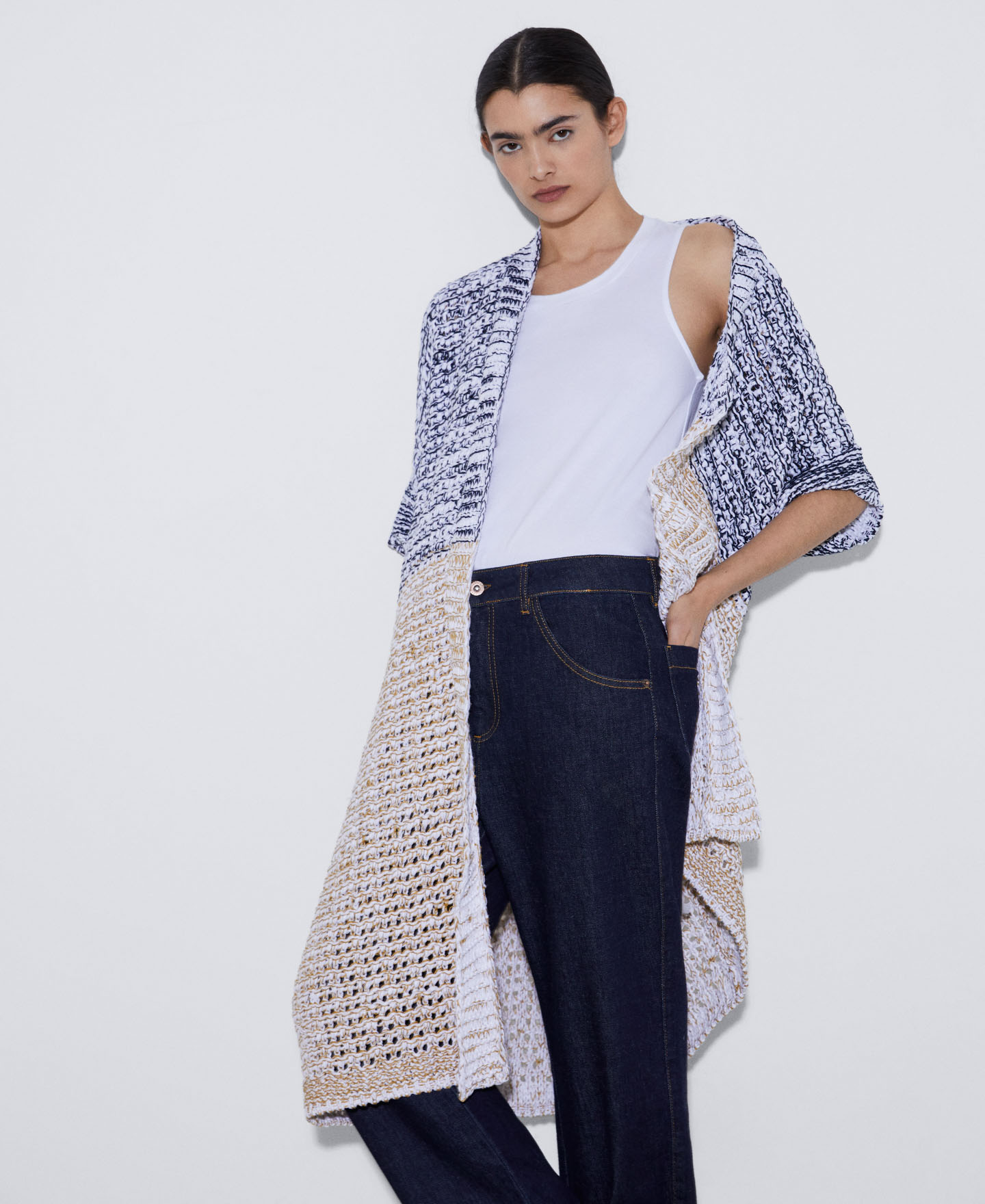 Long openwork knitted jacket image number 0