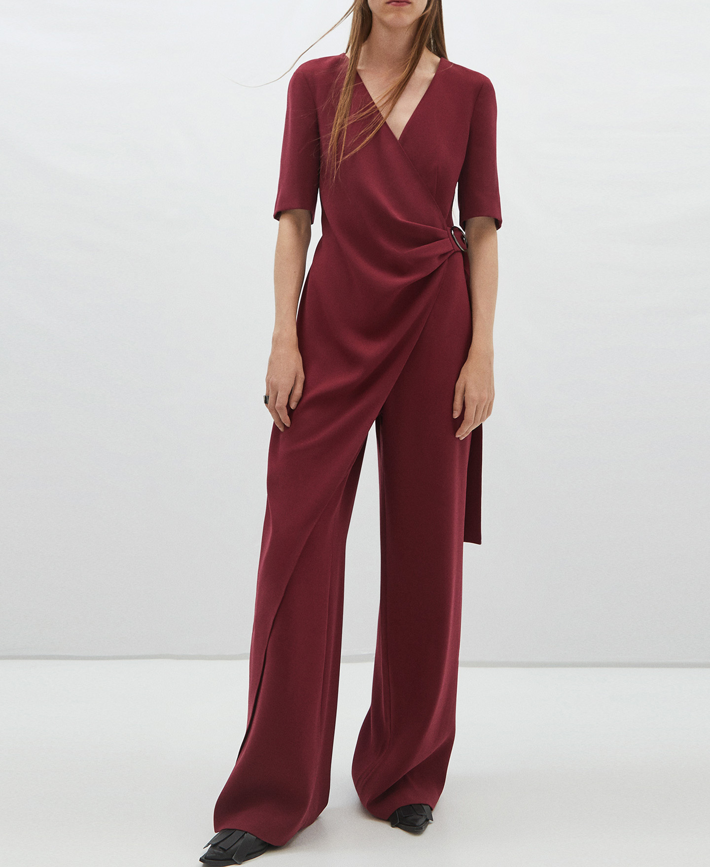 V-neck jumpsuit with draped belt image number 1