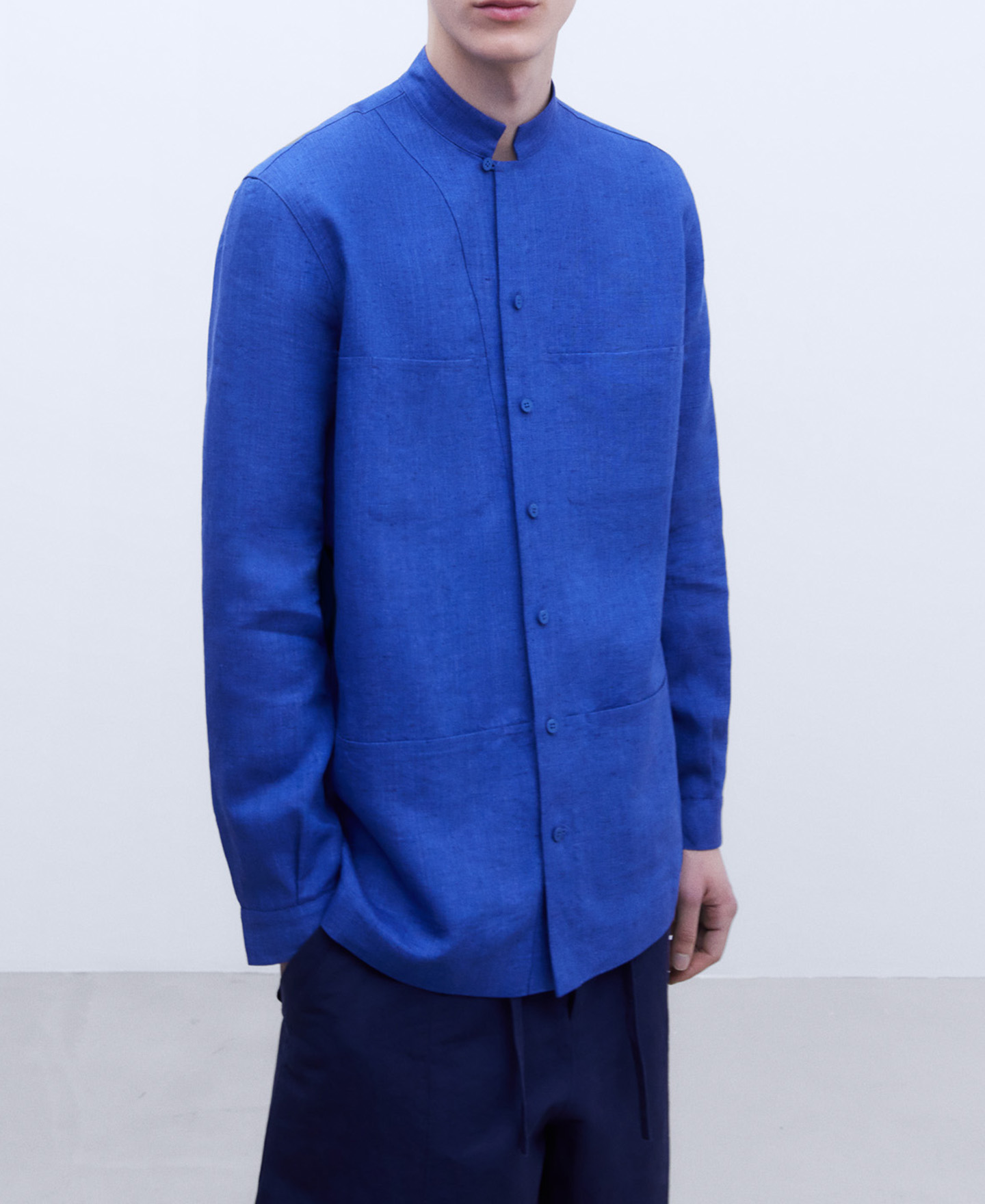 Linen imperial collar overshirt image number 0