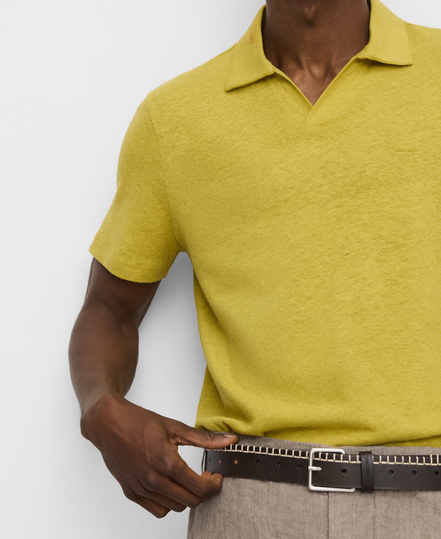 Linen and cotton V-neck polo shirt image number 3