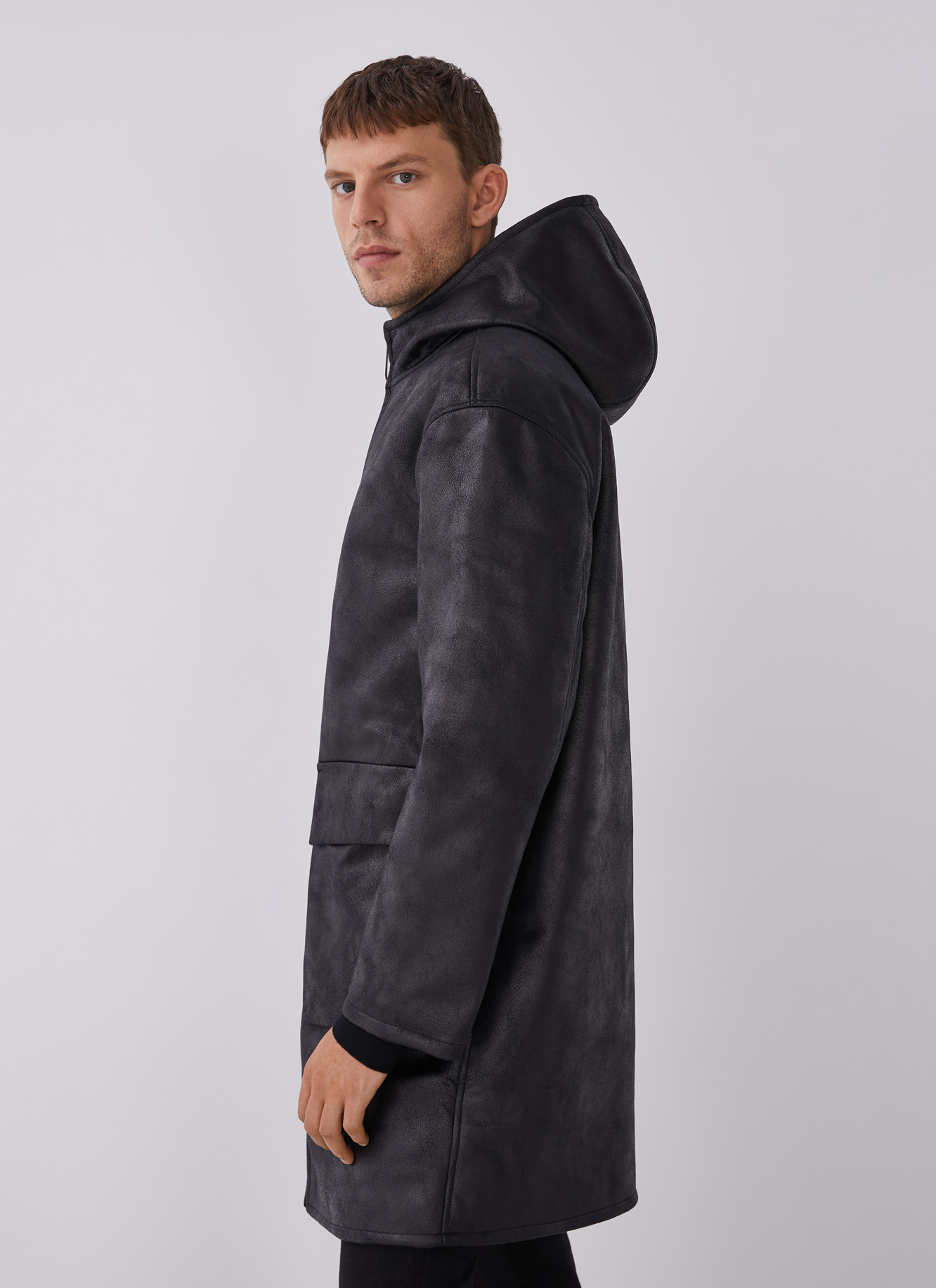 Eco leather hooded three-quarter coat image number 4