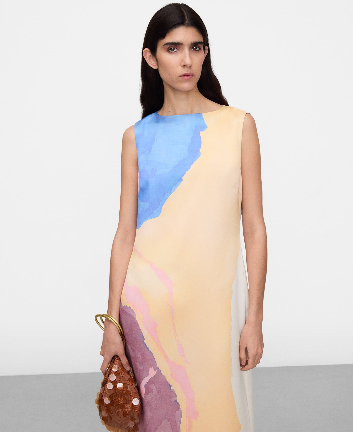 Long printed dress with an overlay cape image number 0