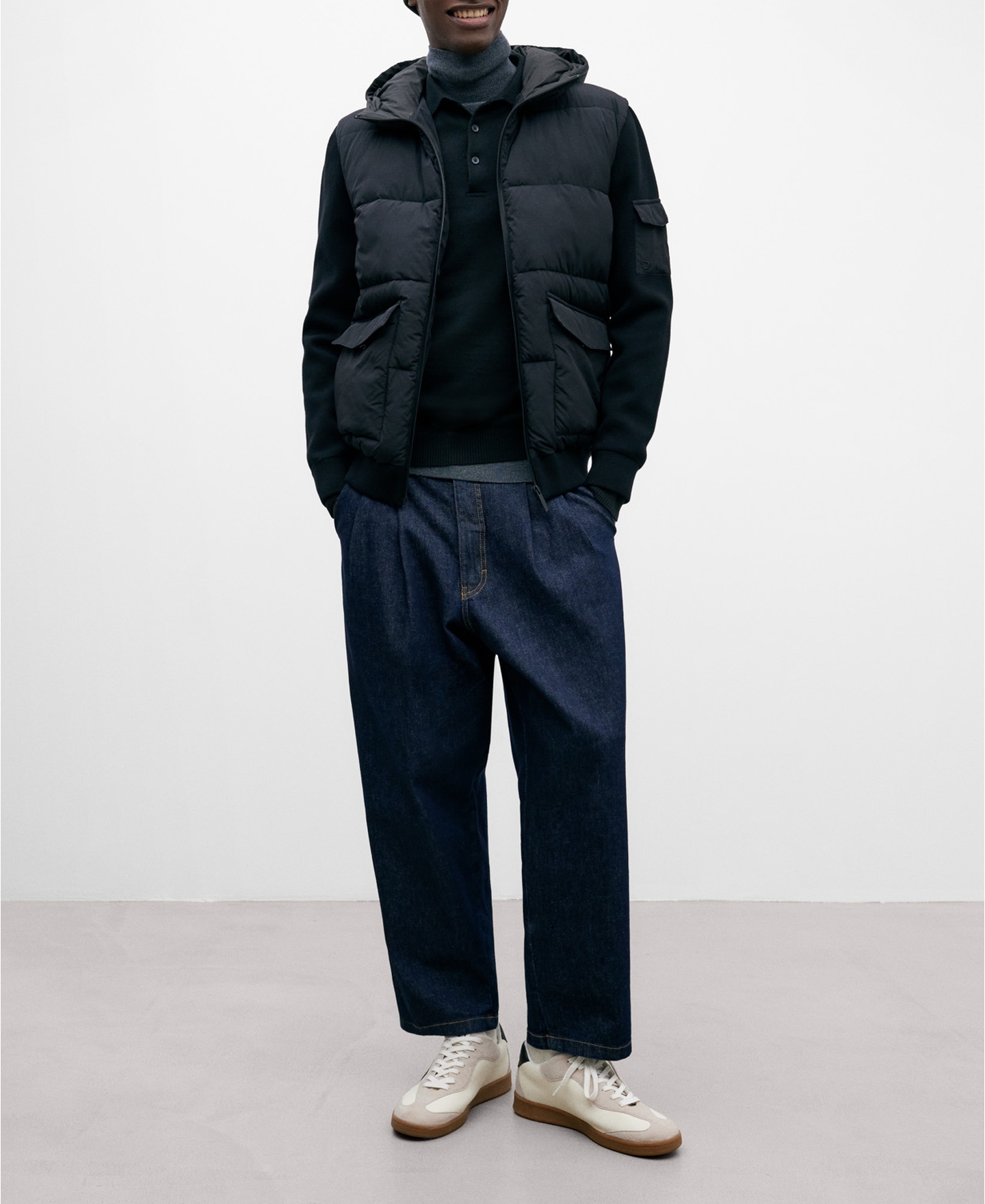 Black padded hooded jacket for men image number 1