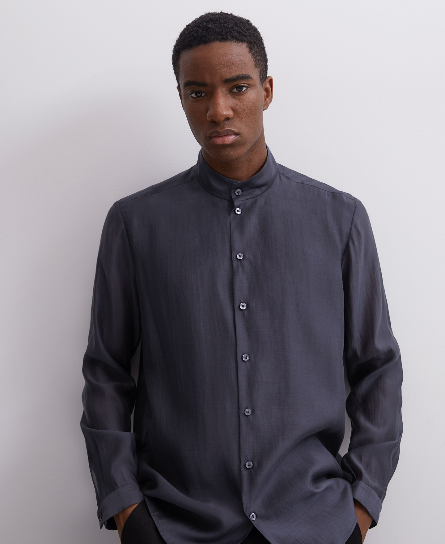 Semi-transparent mandarin collar shirt image number 1