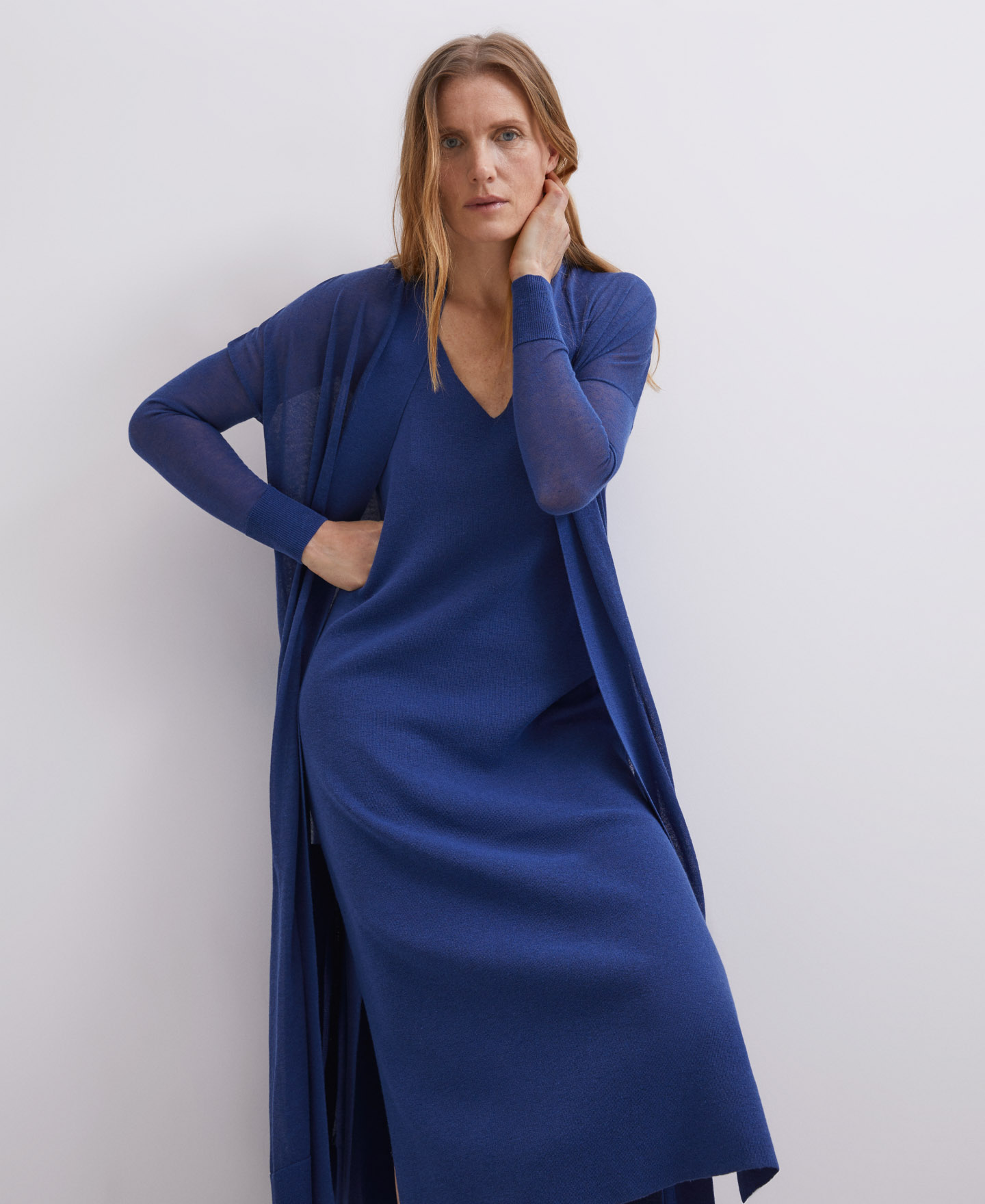 Chaqueta azul larga con lino y nylon image number 1