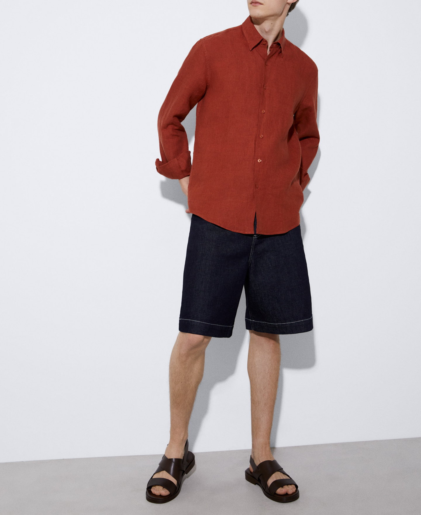 Natural linen lapel collar shirt image number 1