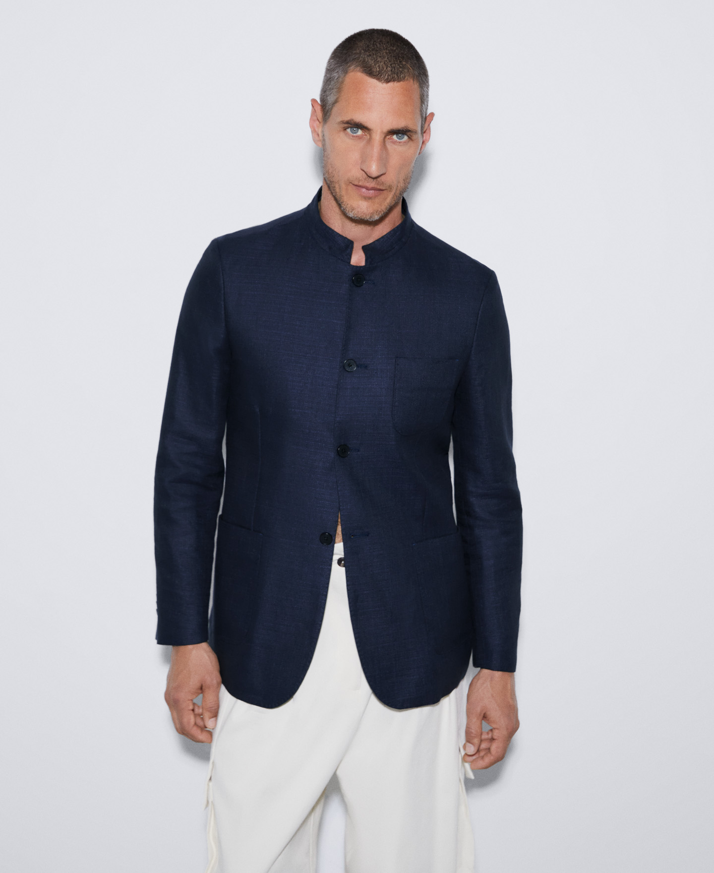 Cotton and linen Mao collar blazer image number 0