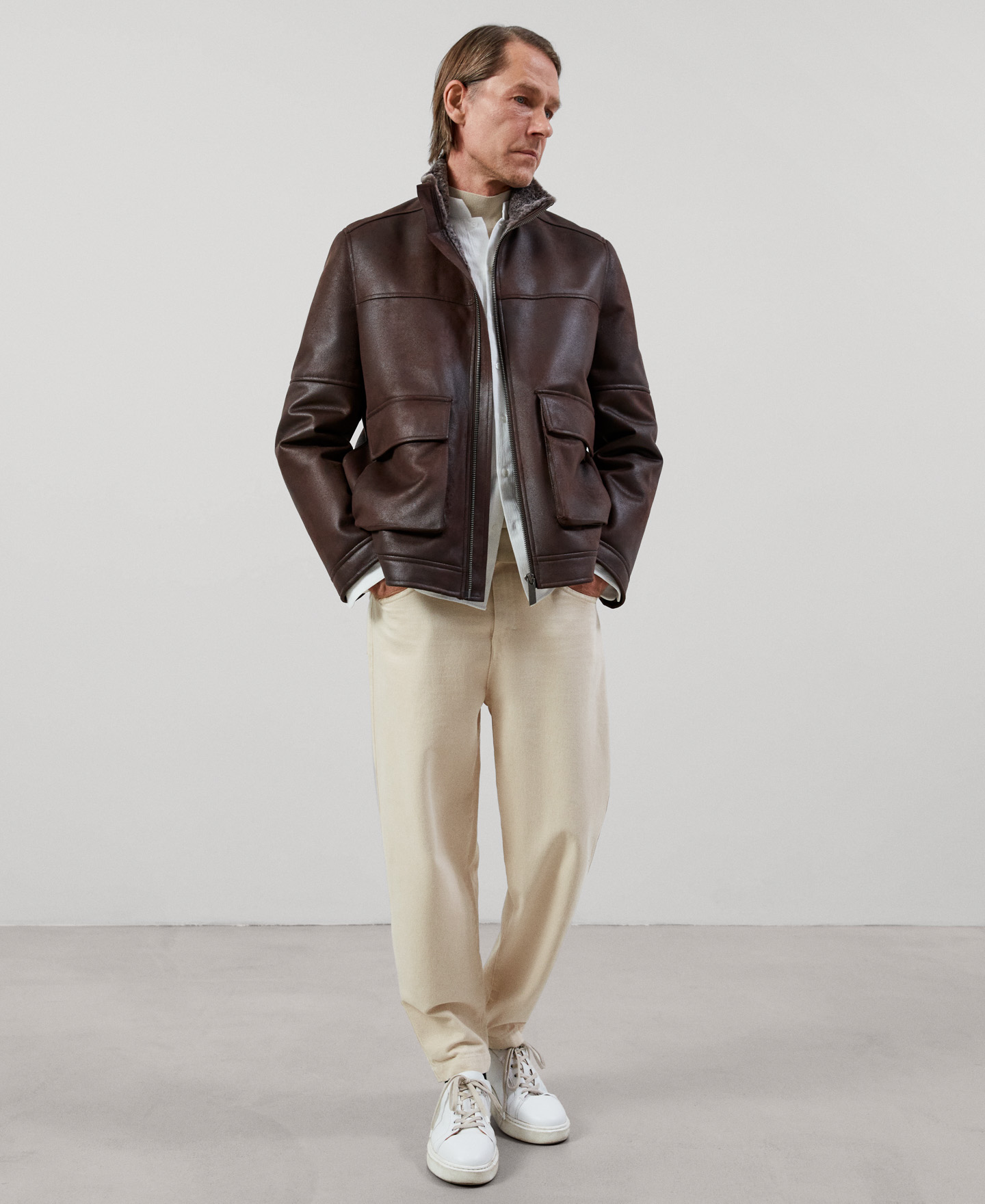 Leather texture funnel collar jacket image number 1