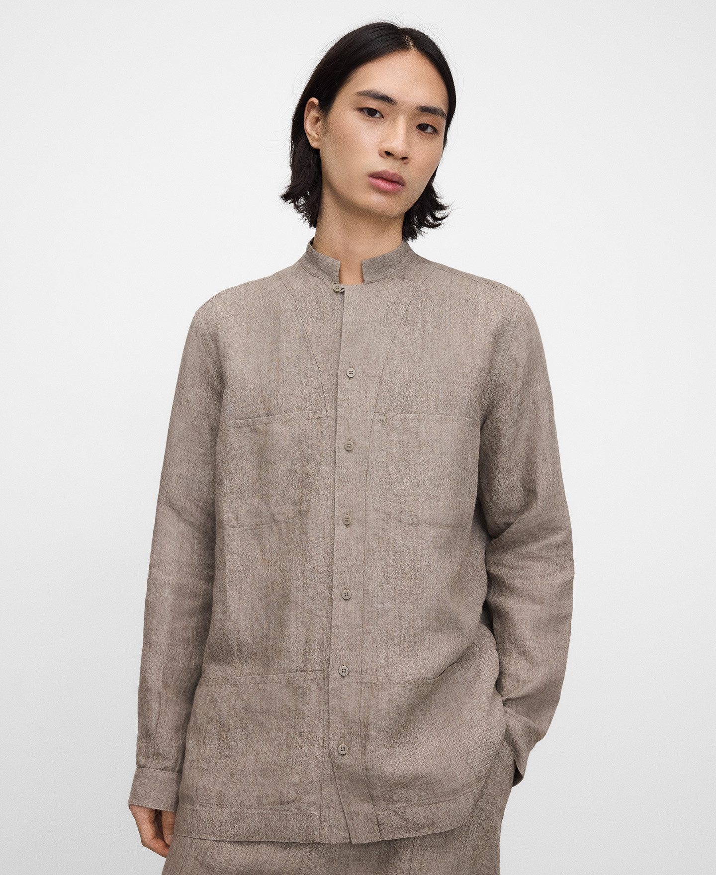 Camisa cuello mao bolsillos lino europeo image number 0