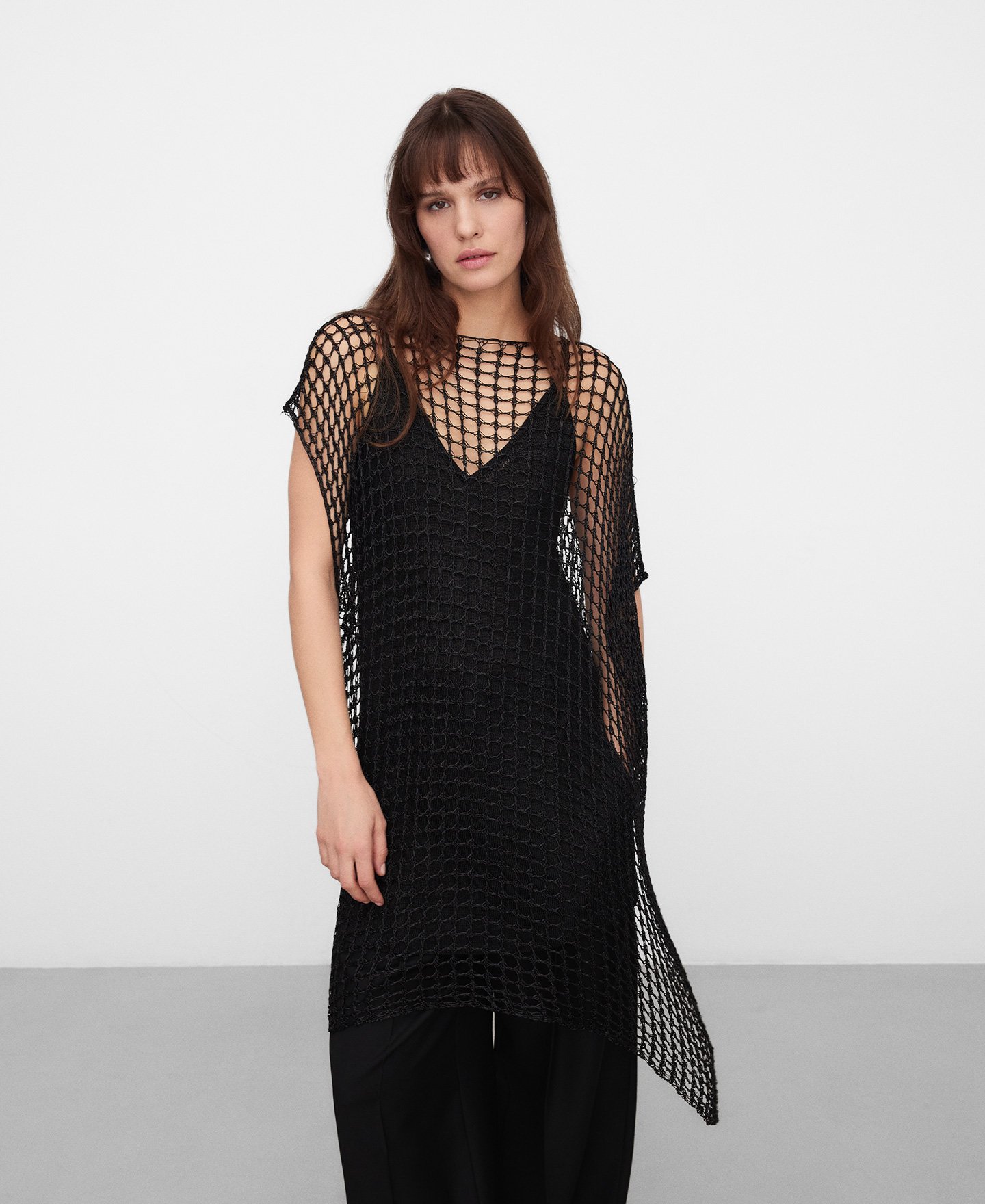 Asymmetric metallic knit mesh cape image number 0