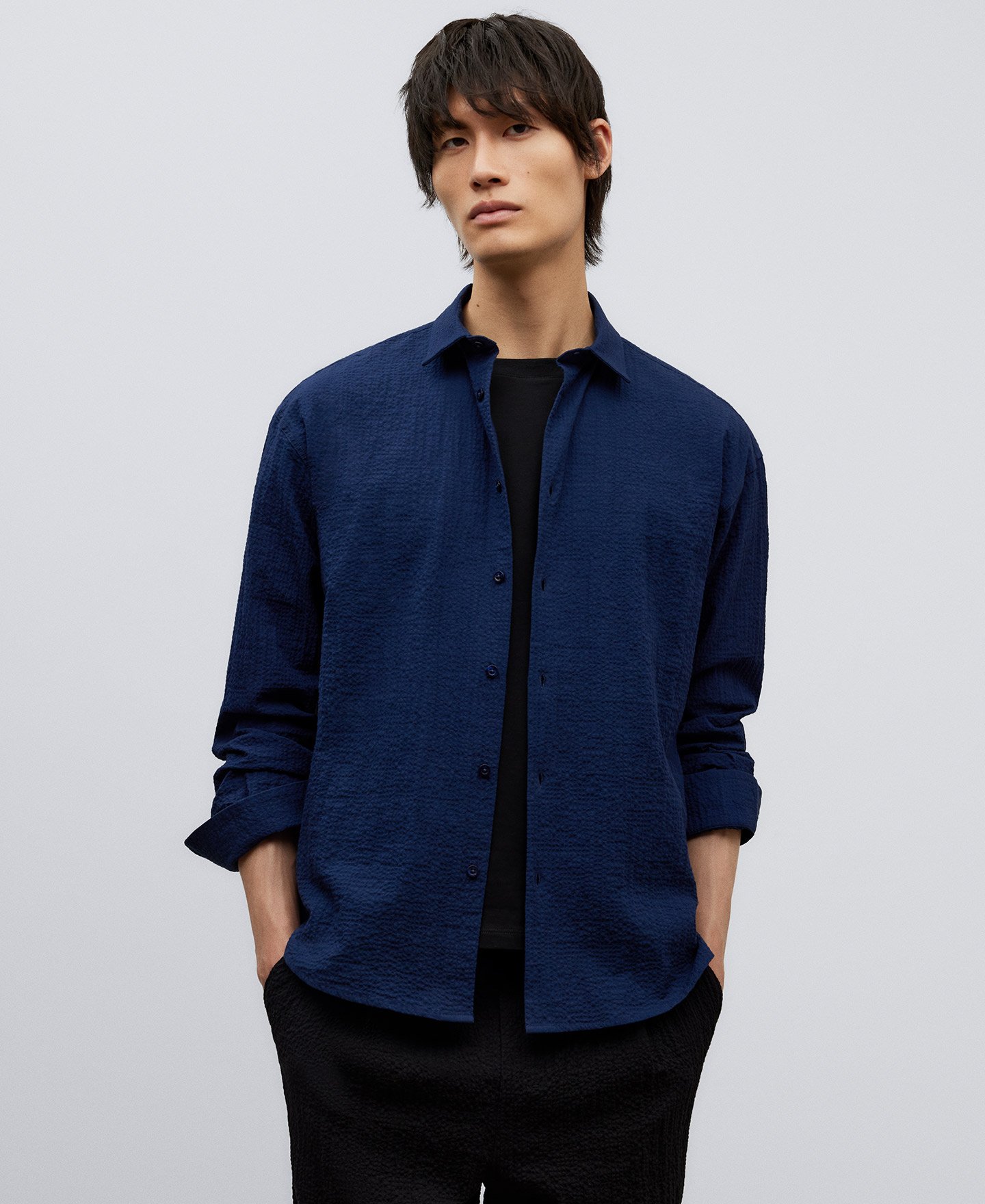 Navy blue cotton shirt man image number 0