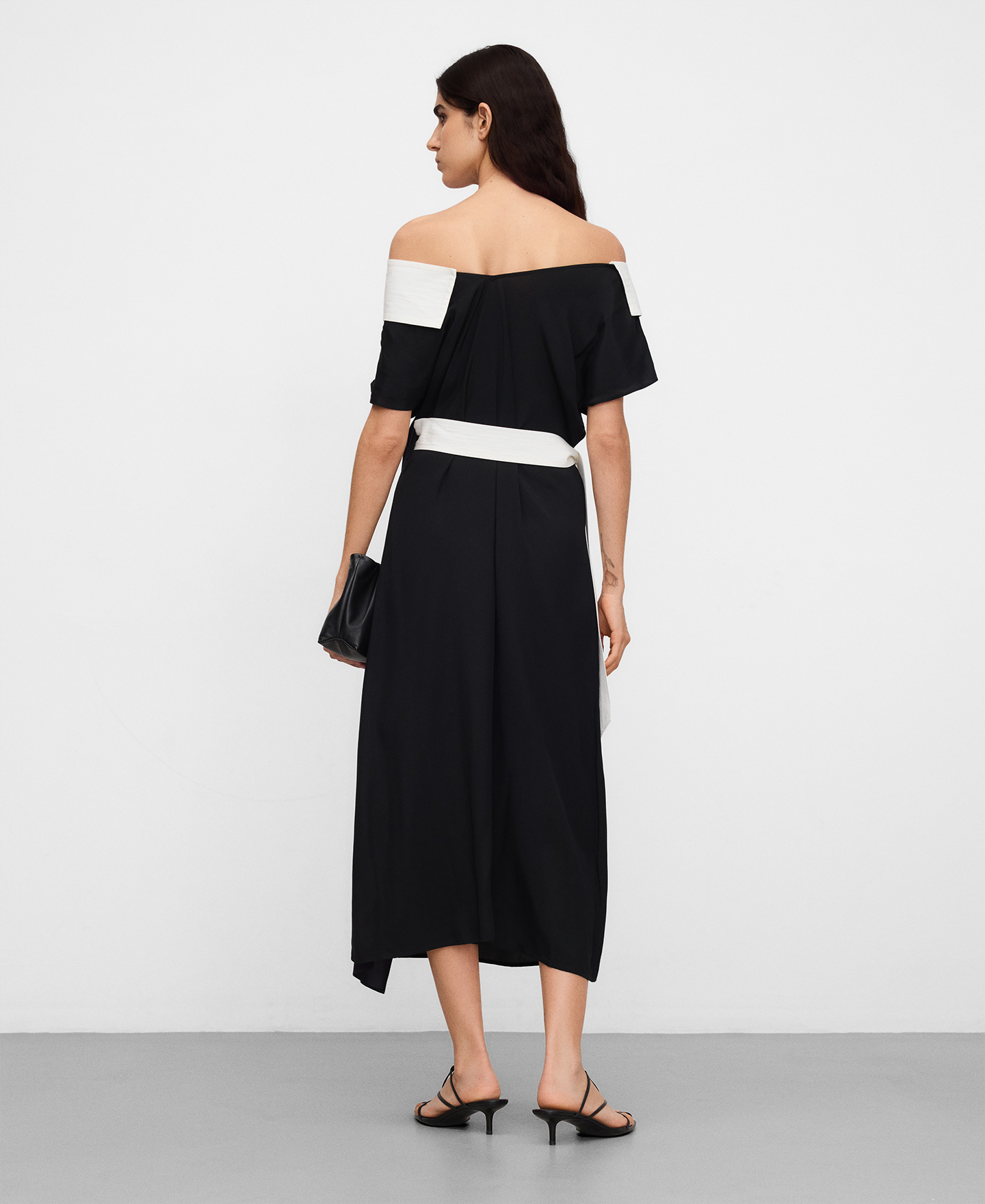 Asymmetric mixed-fabric tricolor dress image number 2