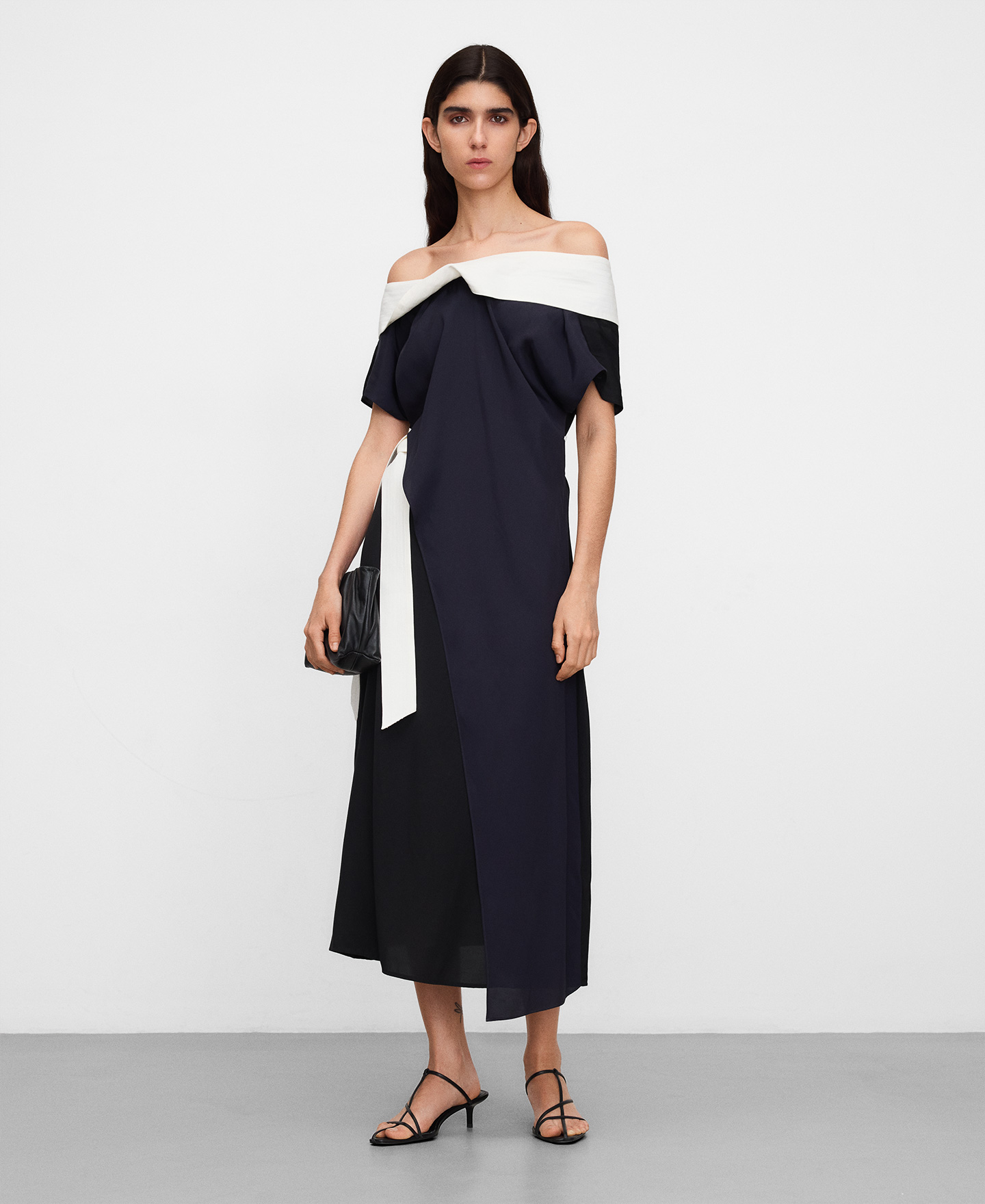 Asymmetric mixed-fabric tricolor dress image number 1