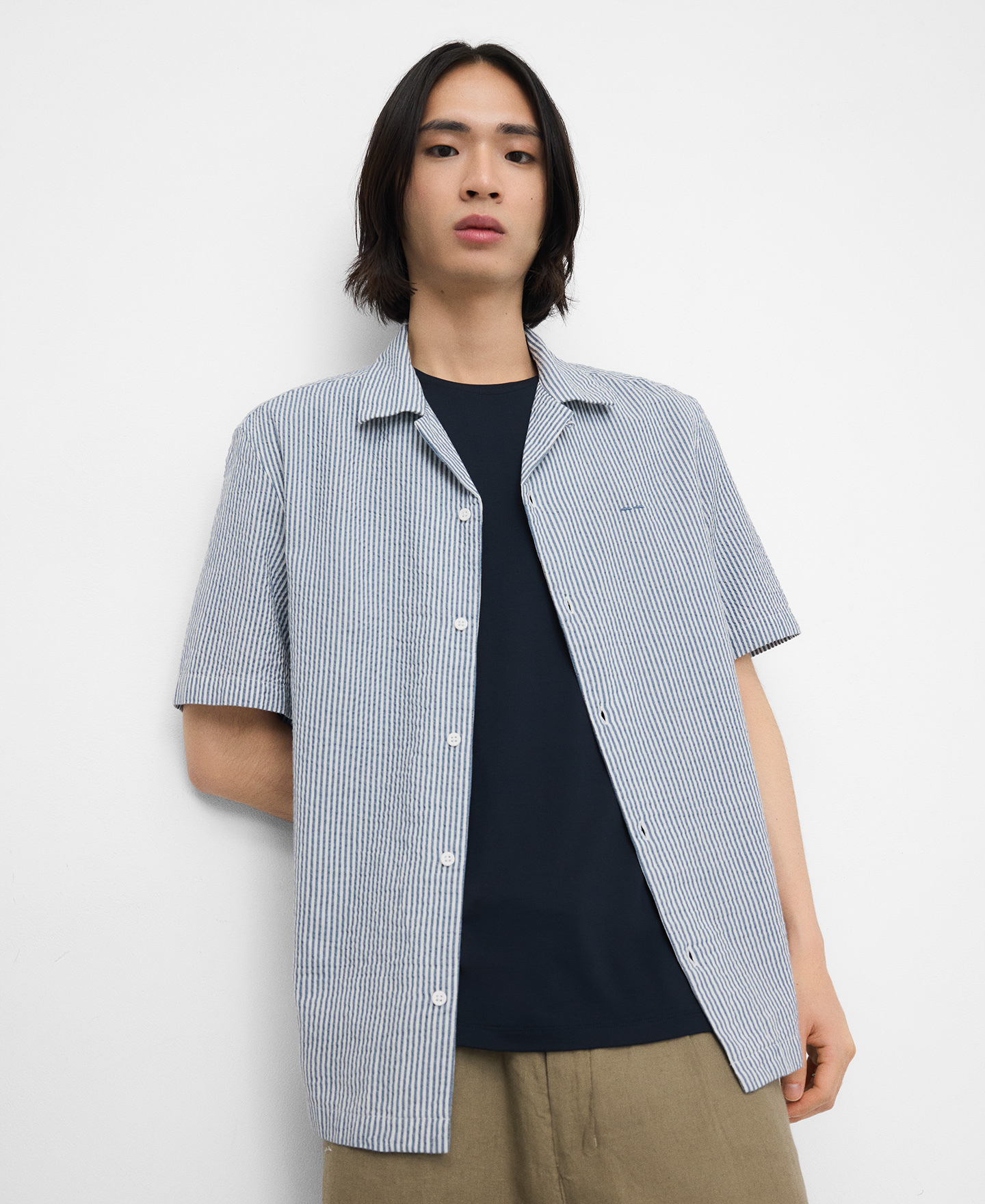 Cotton seersucker striped bowling shirt image number 0