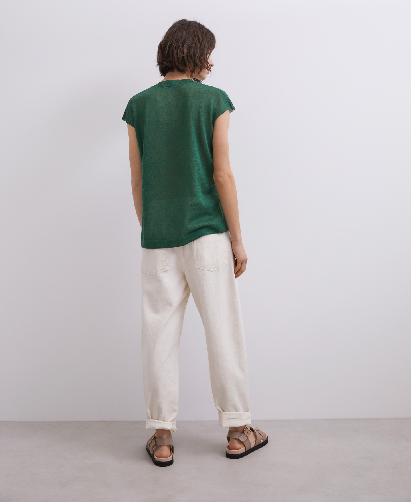 Green v-neck linen top image number 2