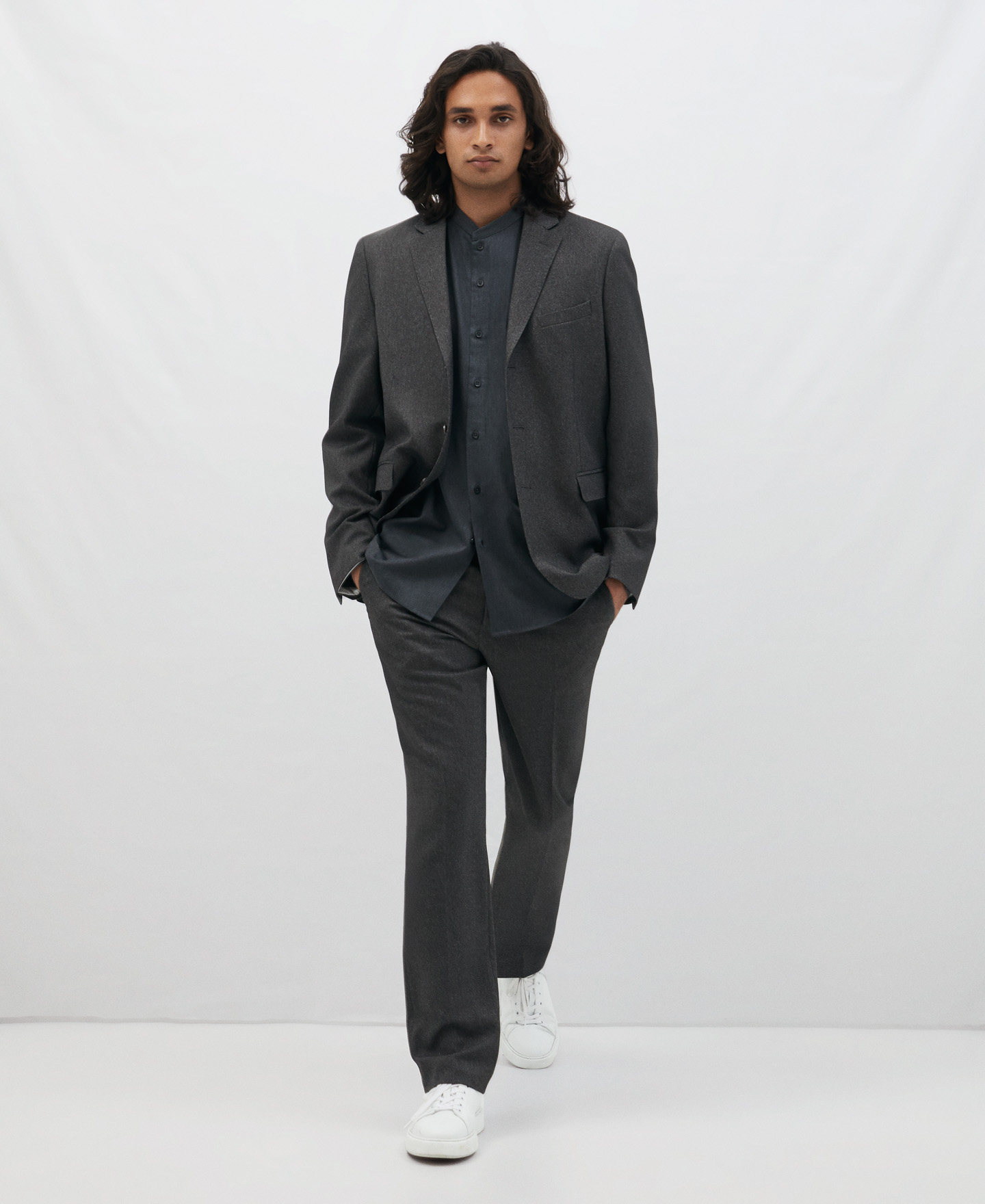 Mandarin collar cotton shirt image number 1
