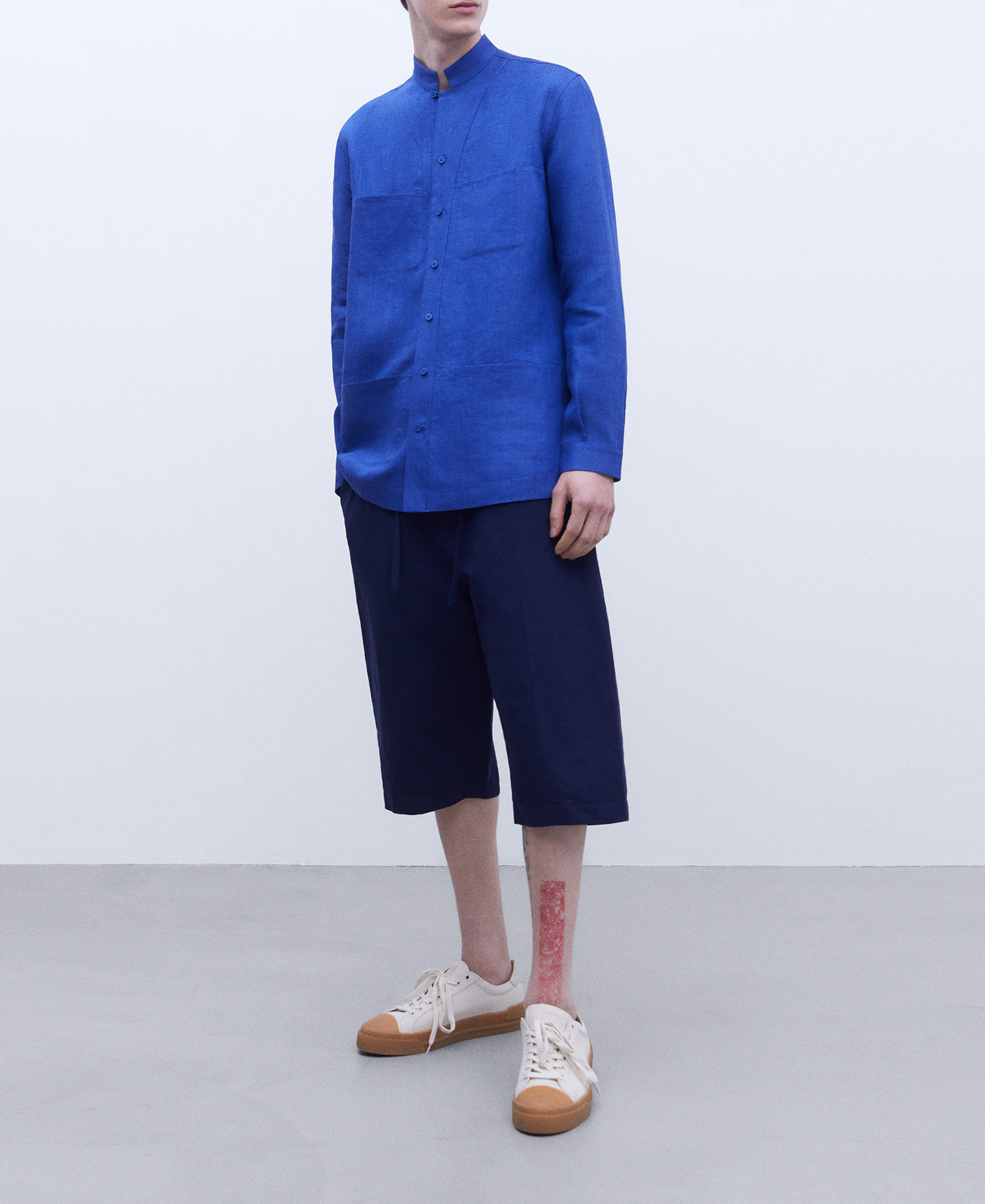 Linen imperial collar overshirt image number 1