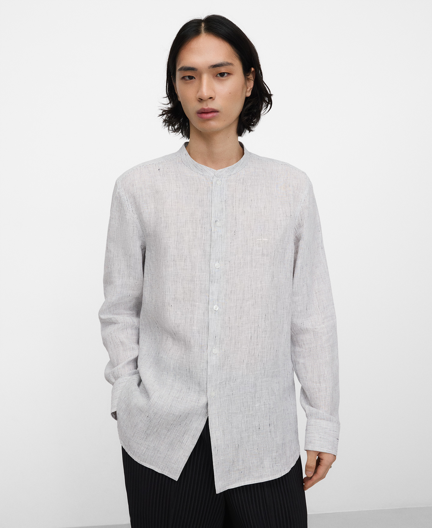 Linen regular fit mandarin collar shirt image number 0