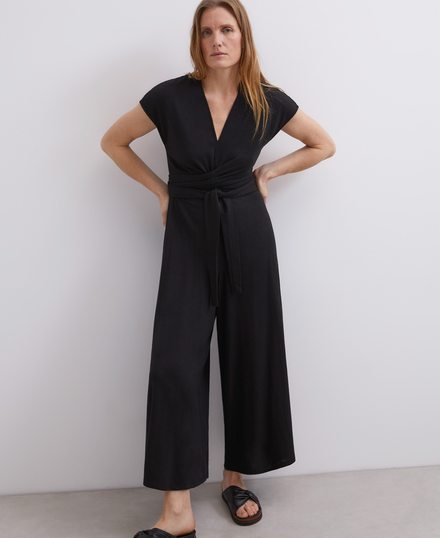 Black jumpsuit with linen belt detail image number 3