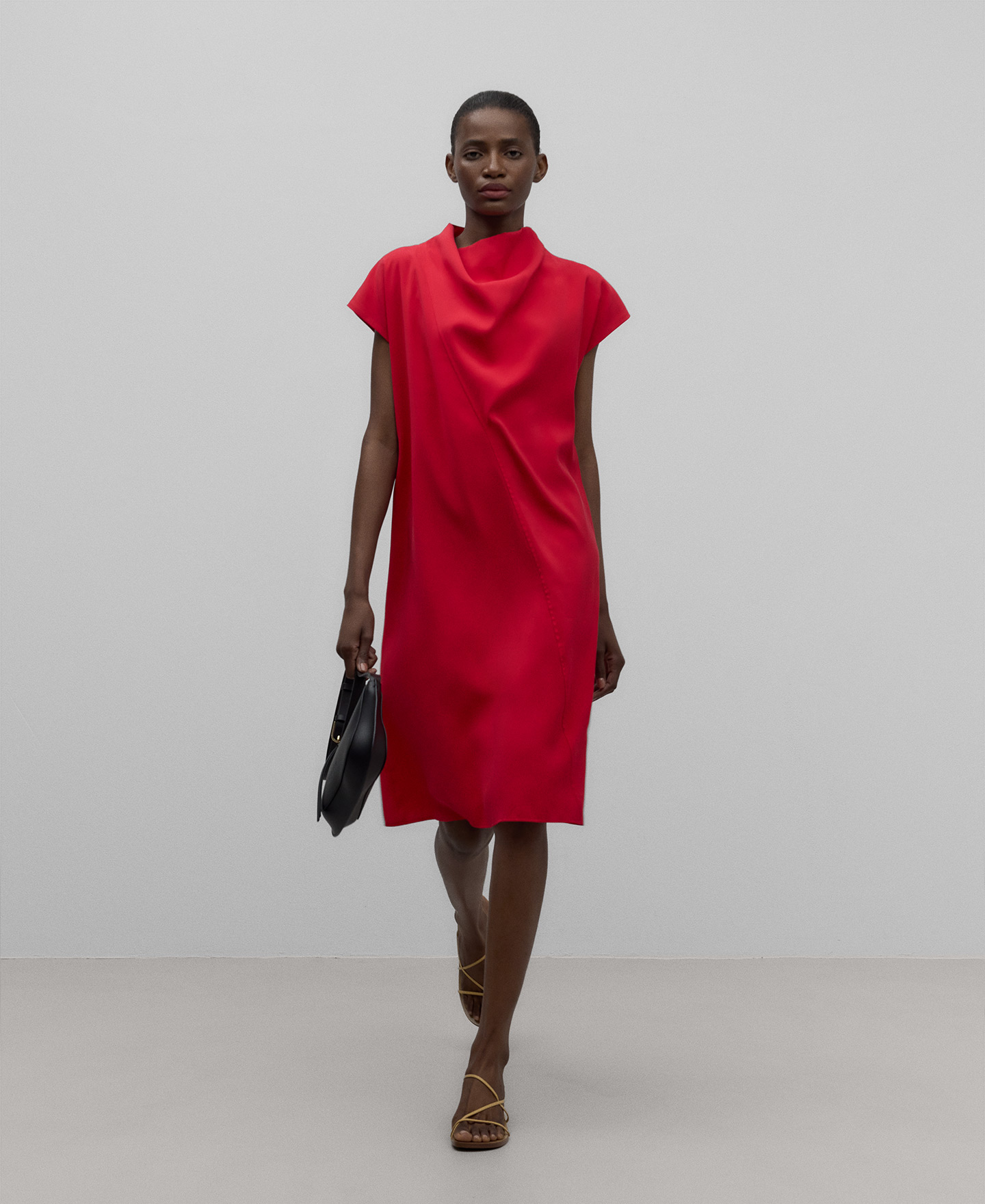 Red dress with draped neckline woman image number 1