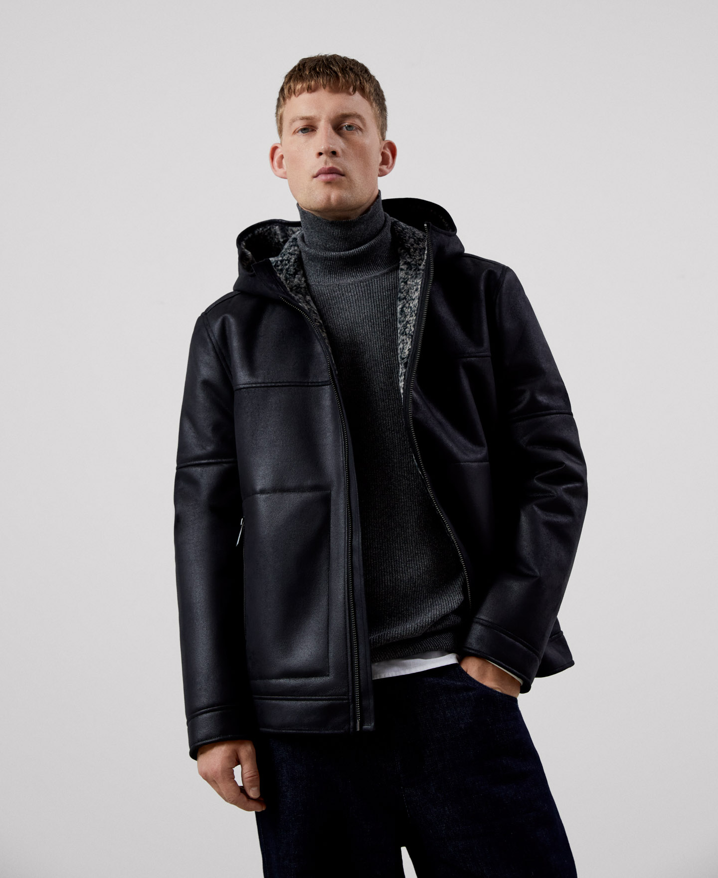 Leather texture hooded jacket image number 0