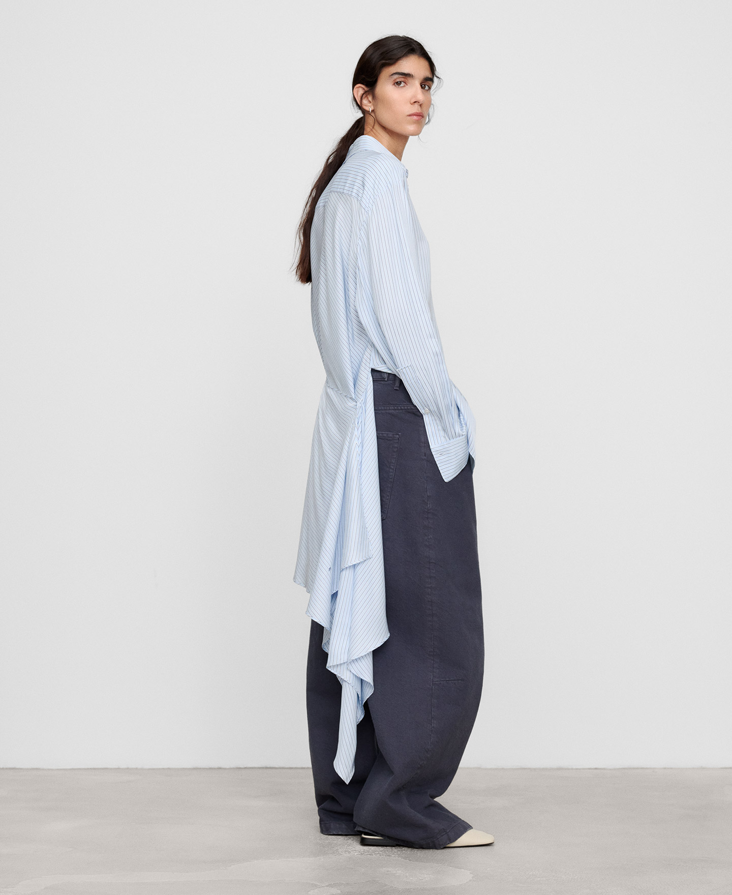 Asymmetric striped shirt with hem panel image number 1