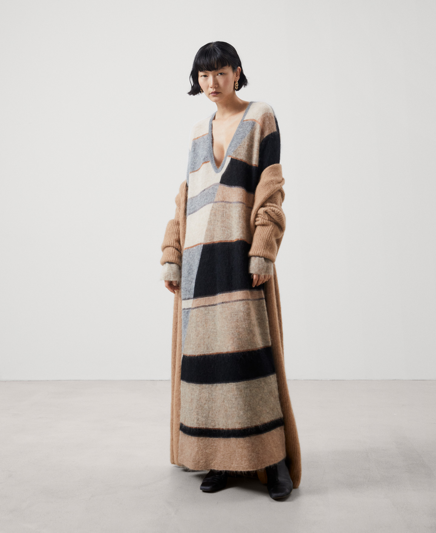Long striped dress in carded mohair image number 1