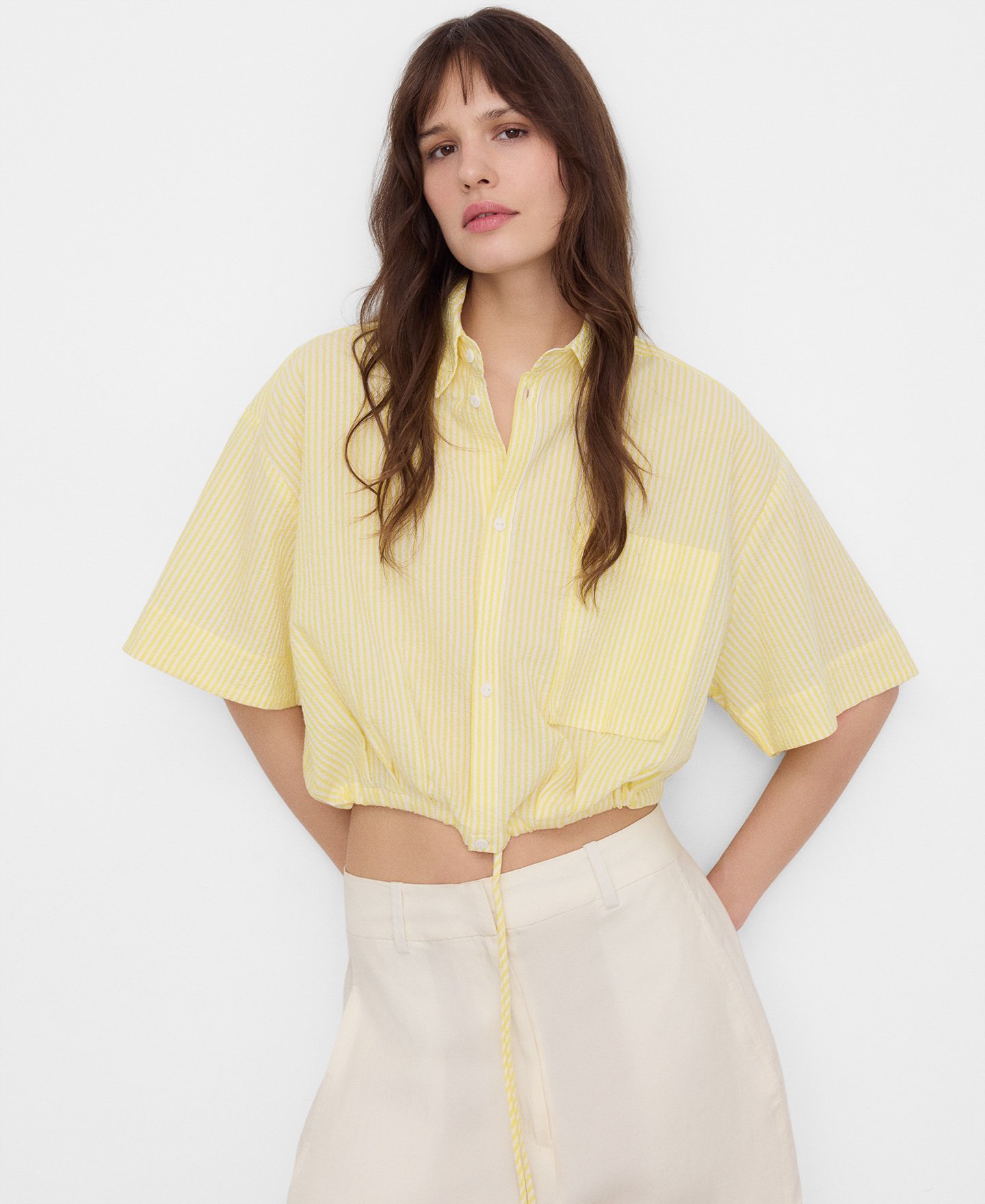 Cotton seersucker striped boxy shirt image number 0