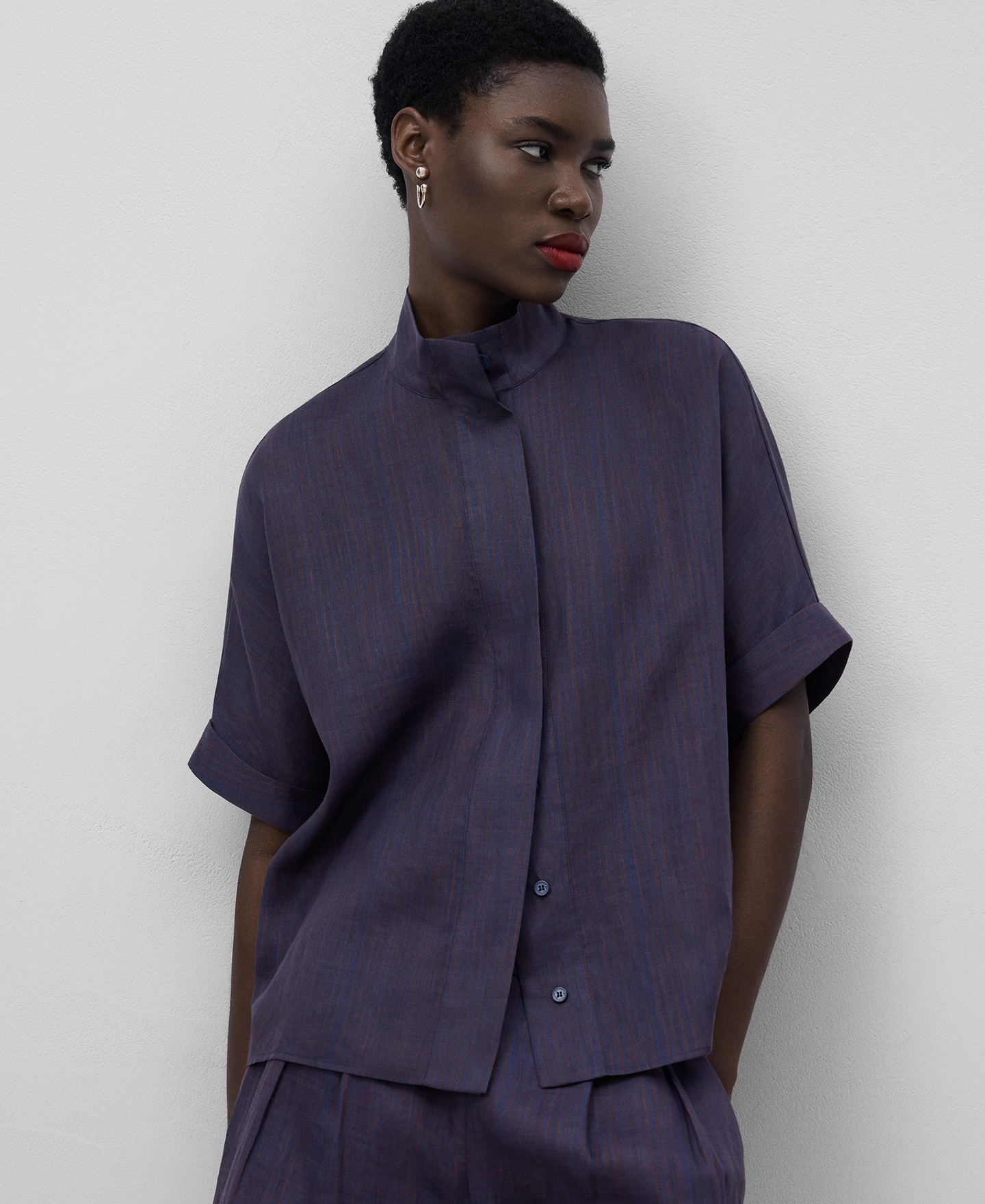 Ramie striped funnel collar shirt woman image number 0