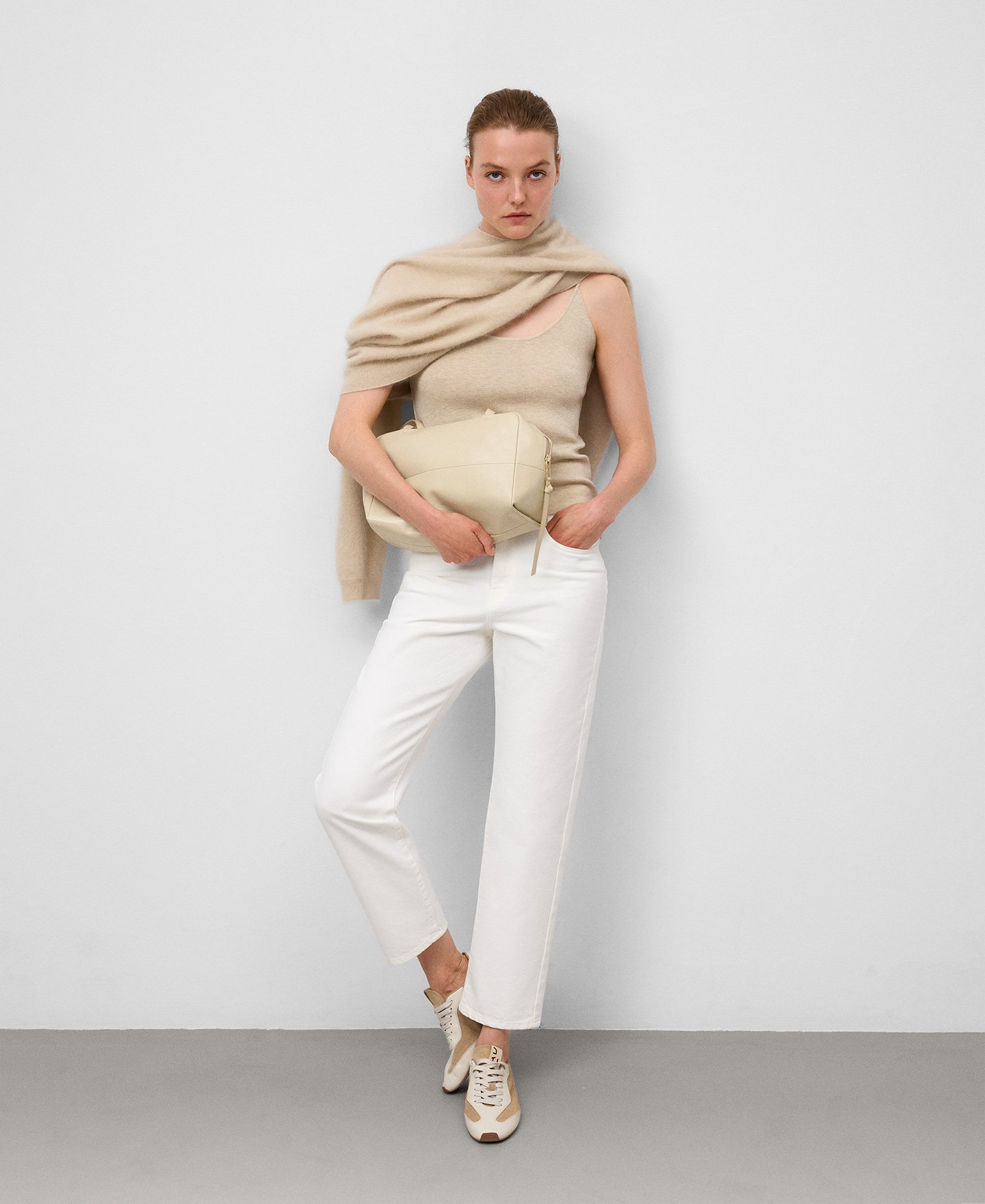 Cotton denim straight trousers woman image number 1