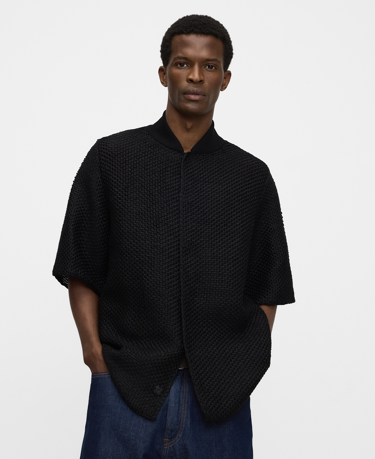 Raffia texture bomber collar polo shirt image number 0
