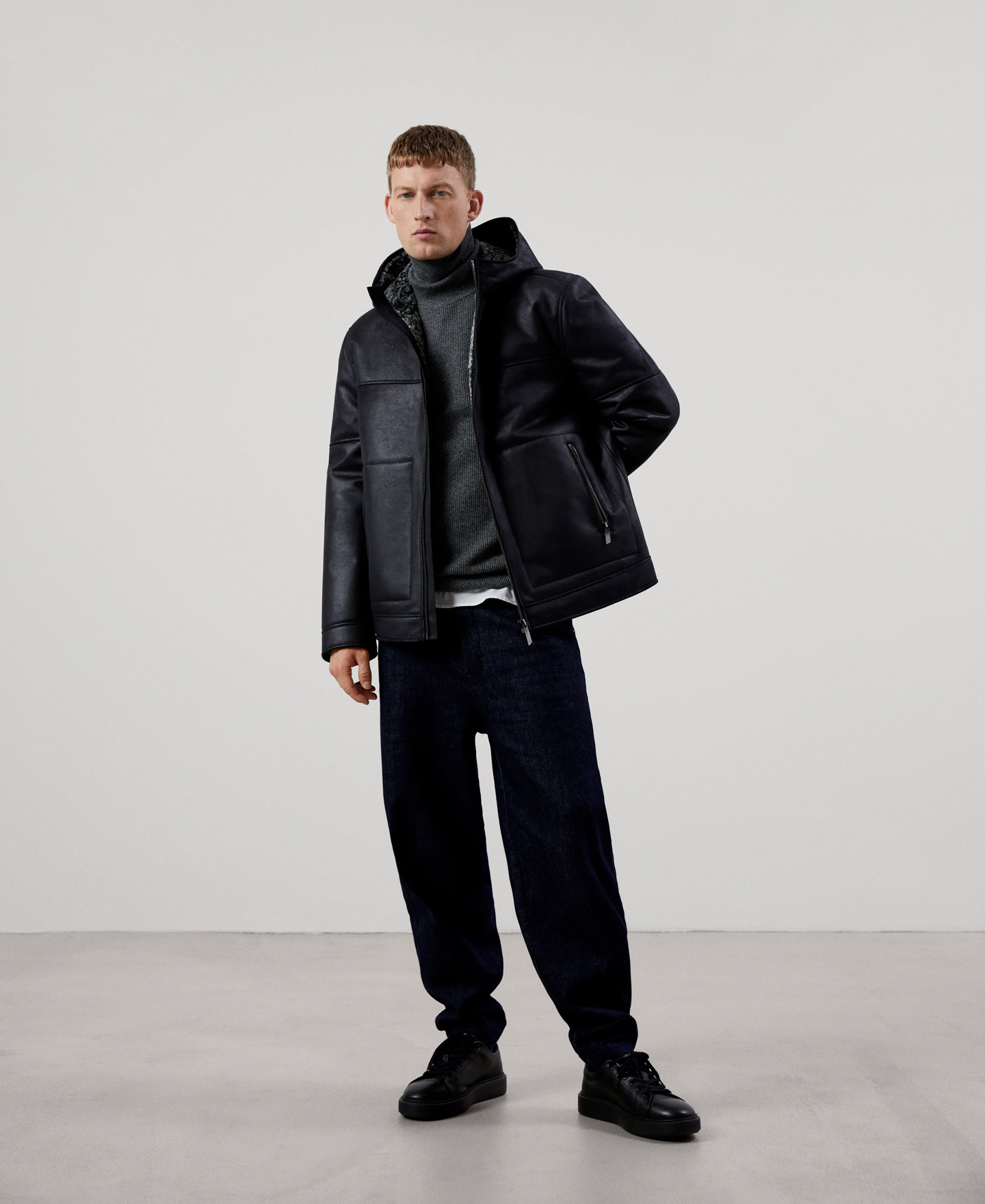 Leather texture hooded jacket image number 1