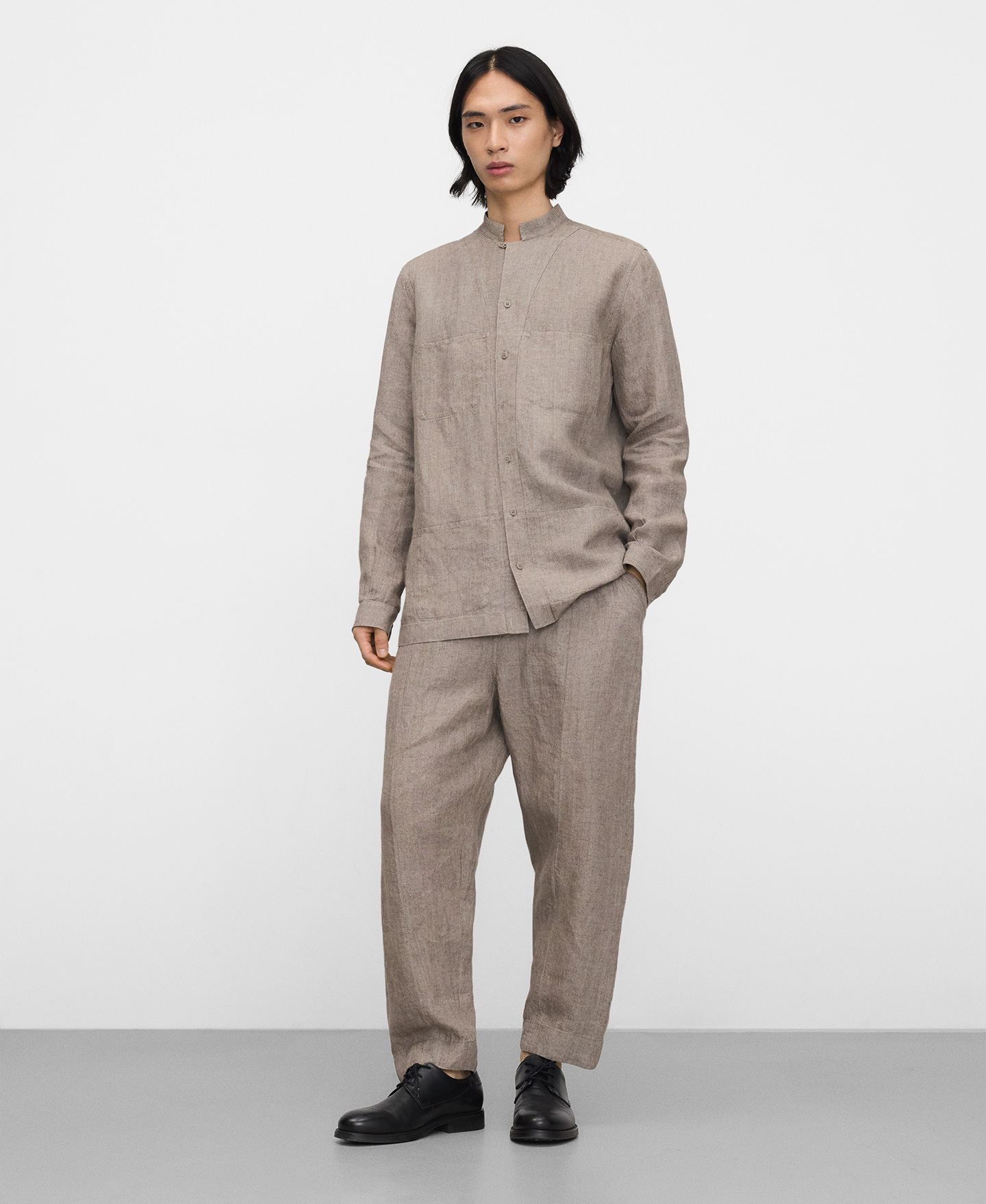 European linen mandarin collar shirt image number 1