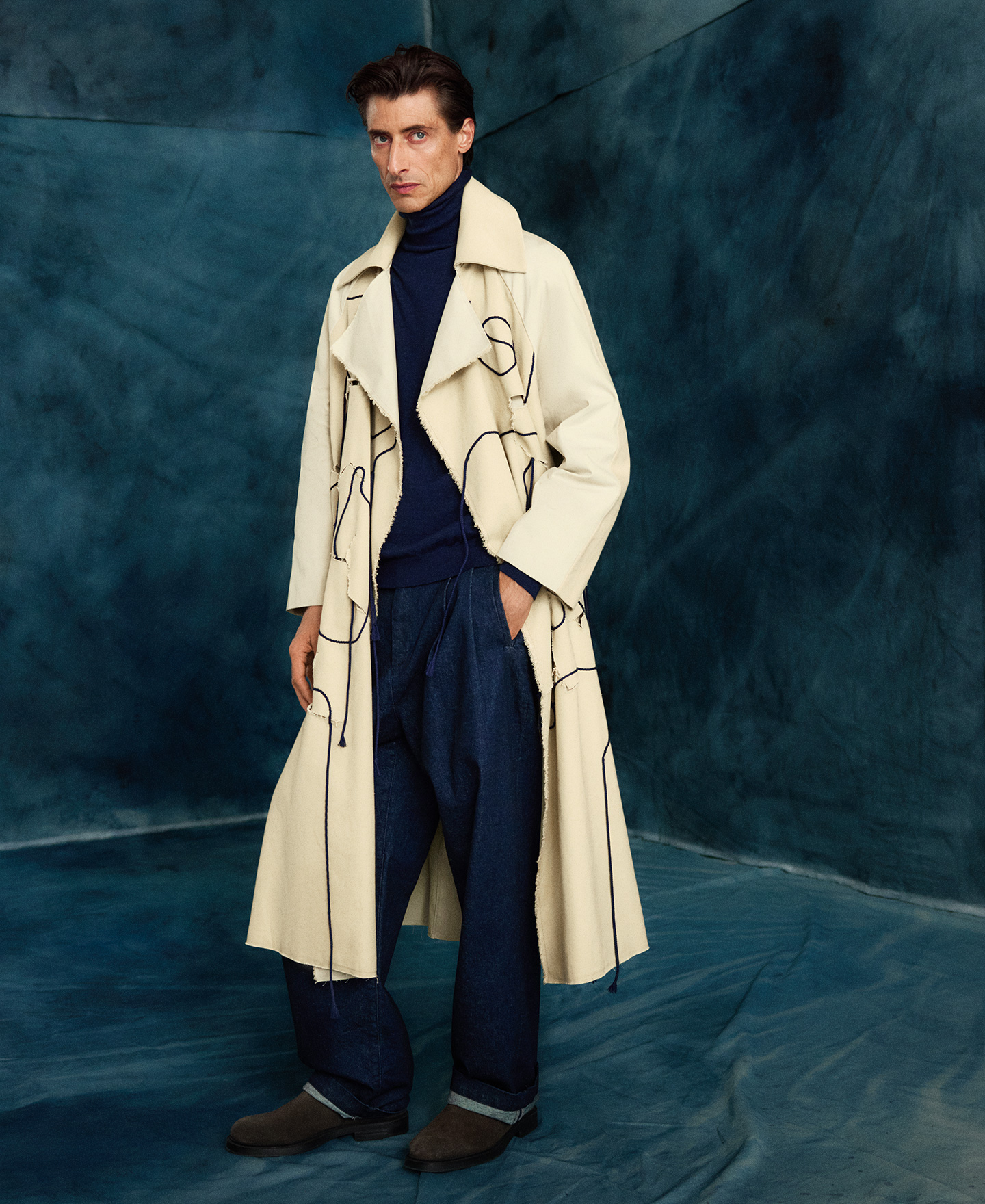 Mixed-fabric trench with drawcord man image number 0