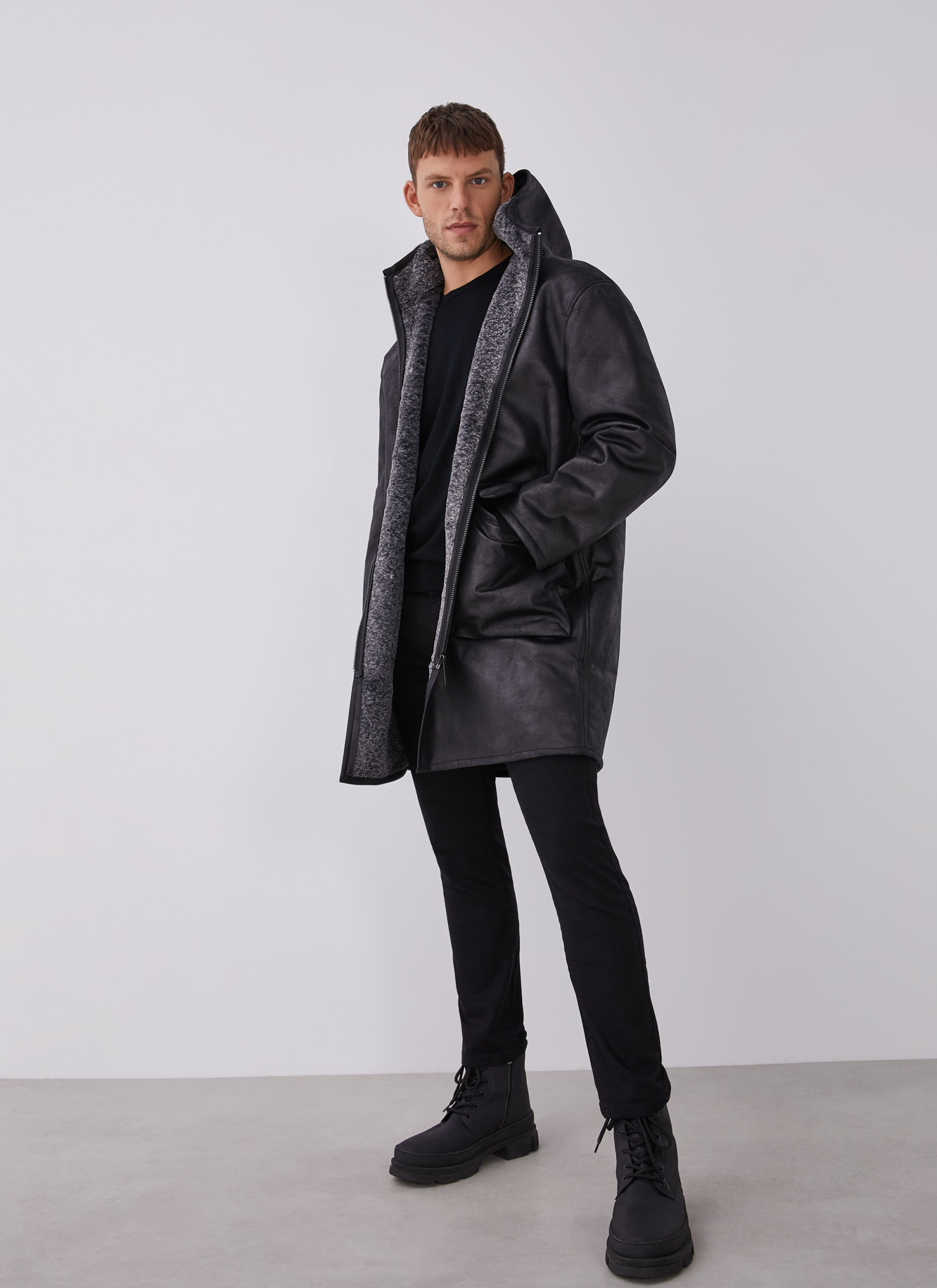 Eco leather hooded three-quarter coat image number 5