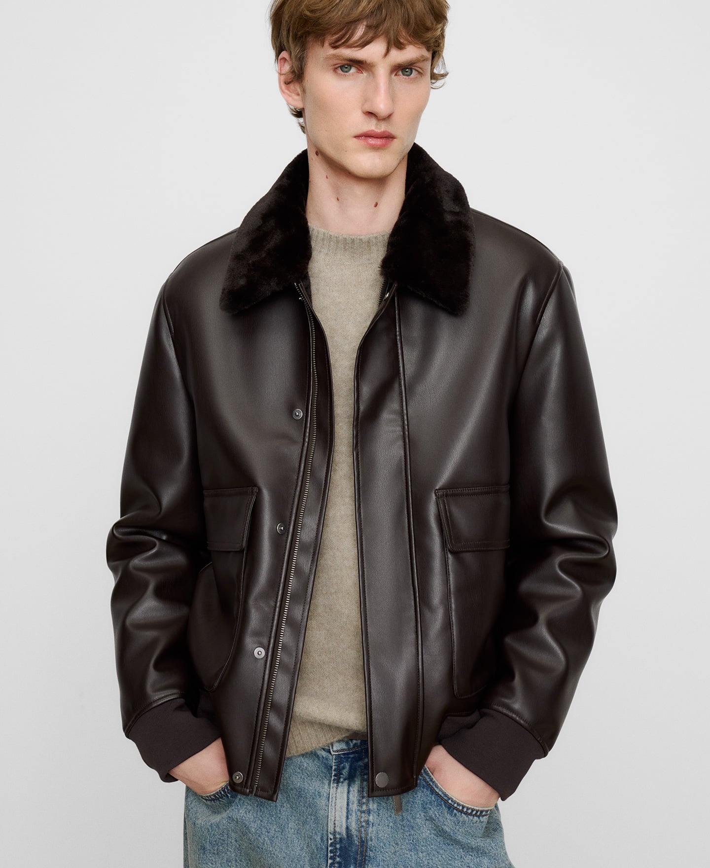 Leather-Non-Leather aviator jacket image number 0
