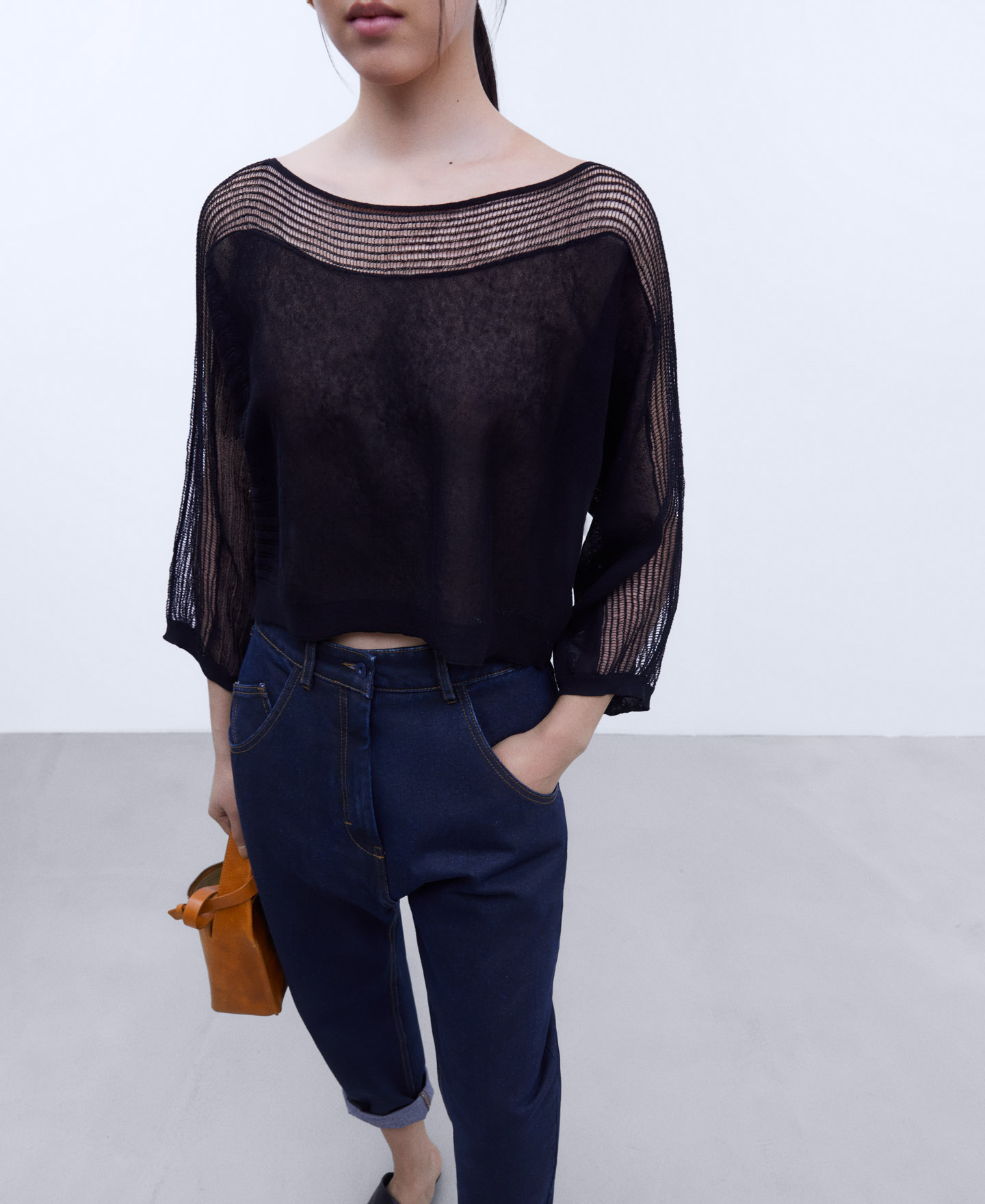 Short sweater with knit lace details image number 0