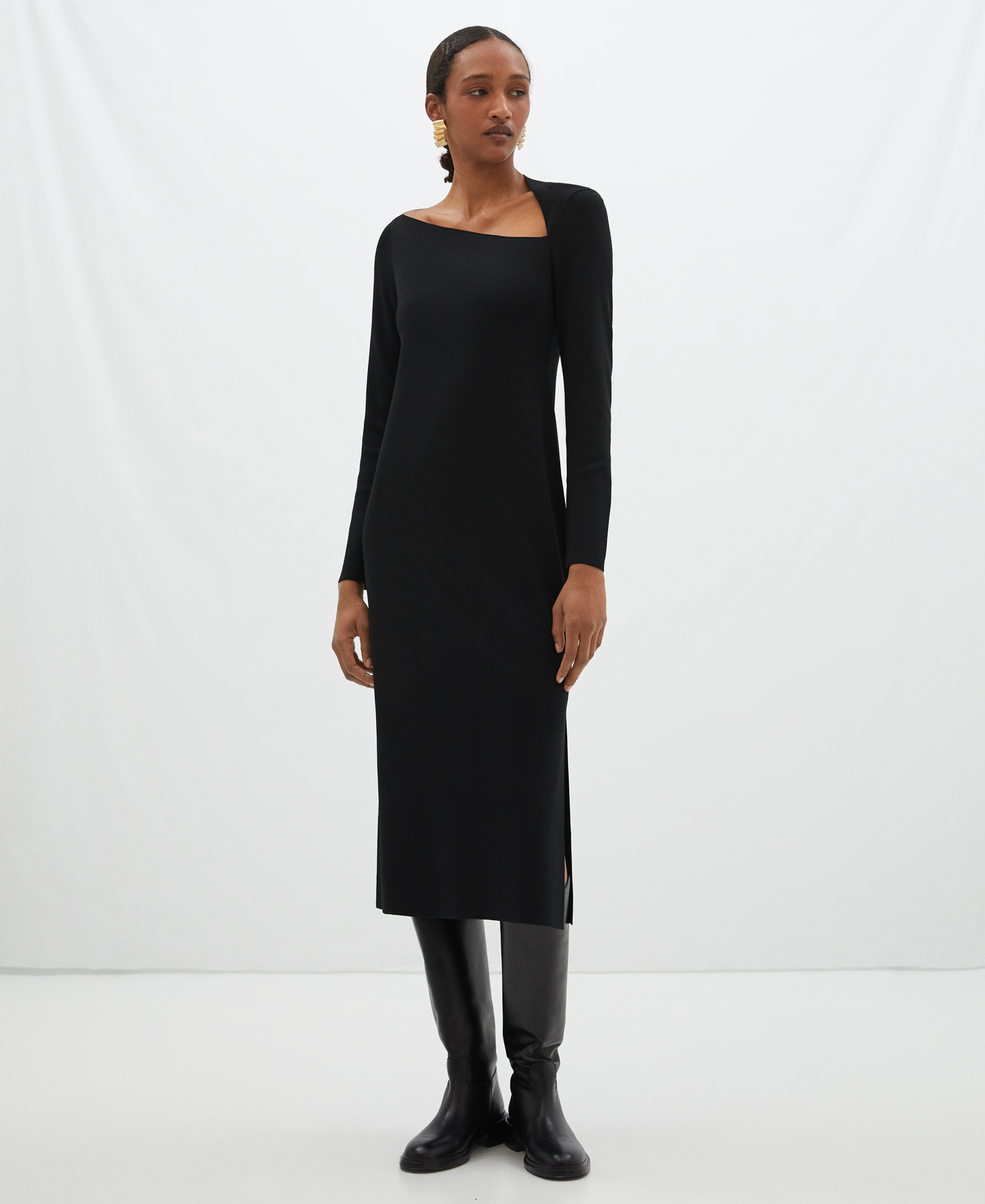 Asymmetric neckline rubber knit dress image number 1