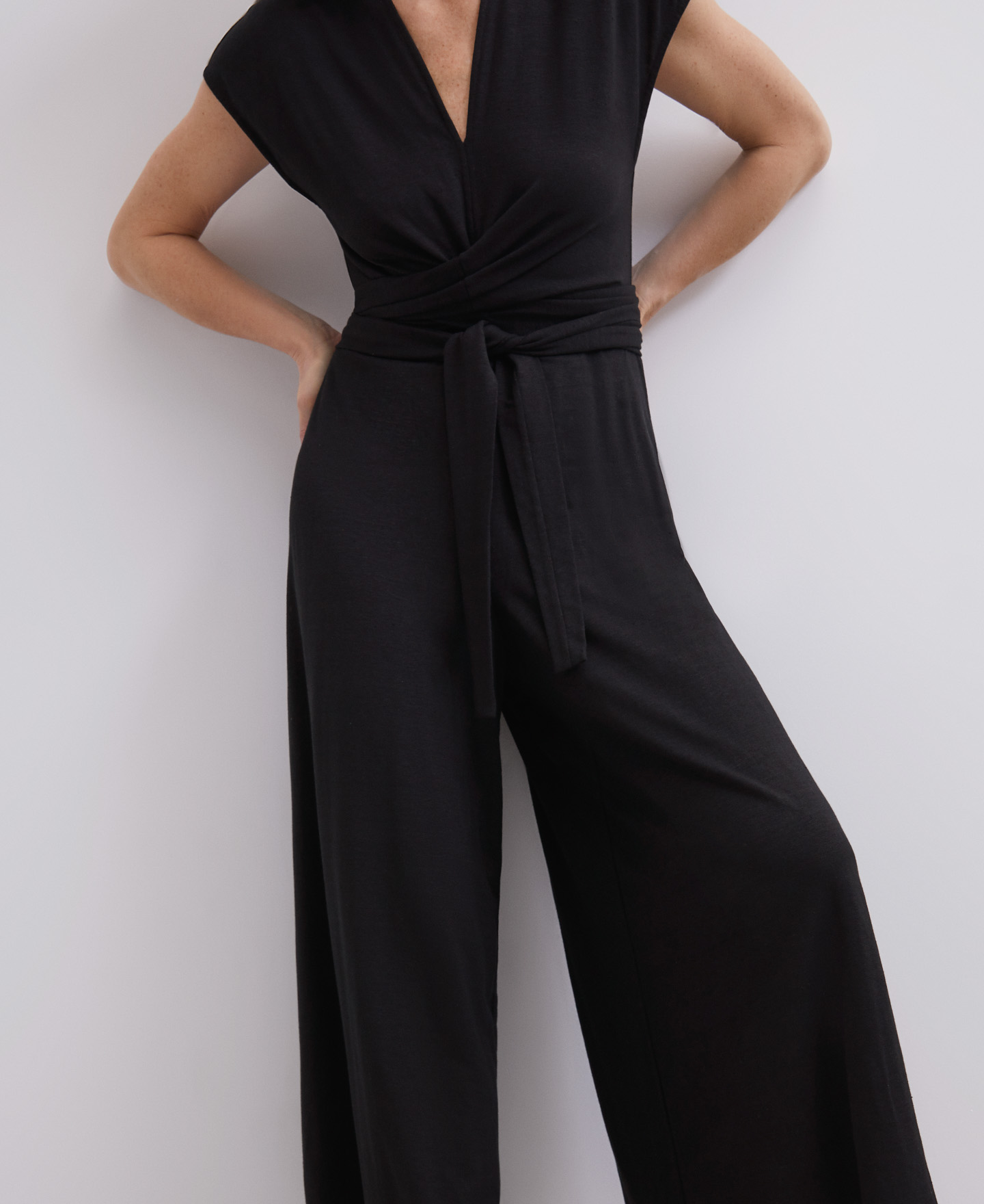 Black jumpsuit with linen belt detail image number 2