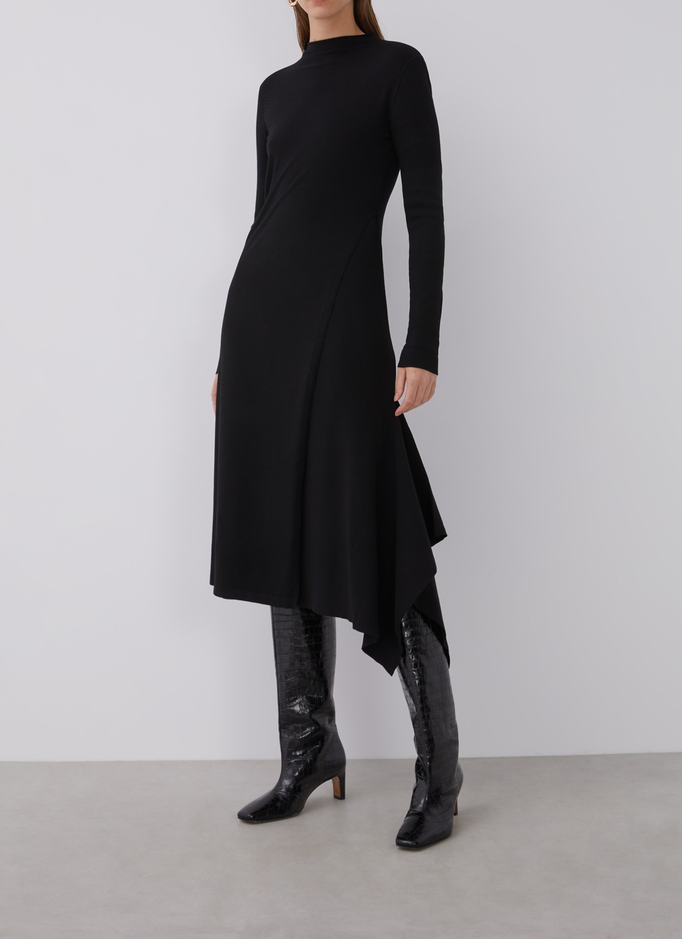 Midi thick stretch-knit dress with godet image number 5