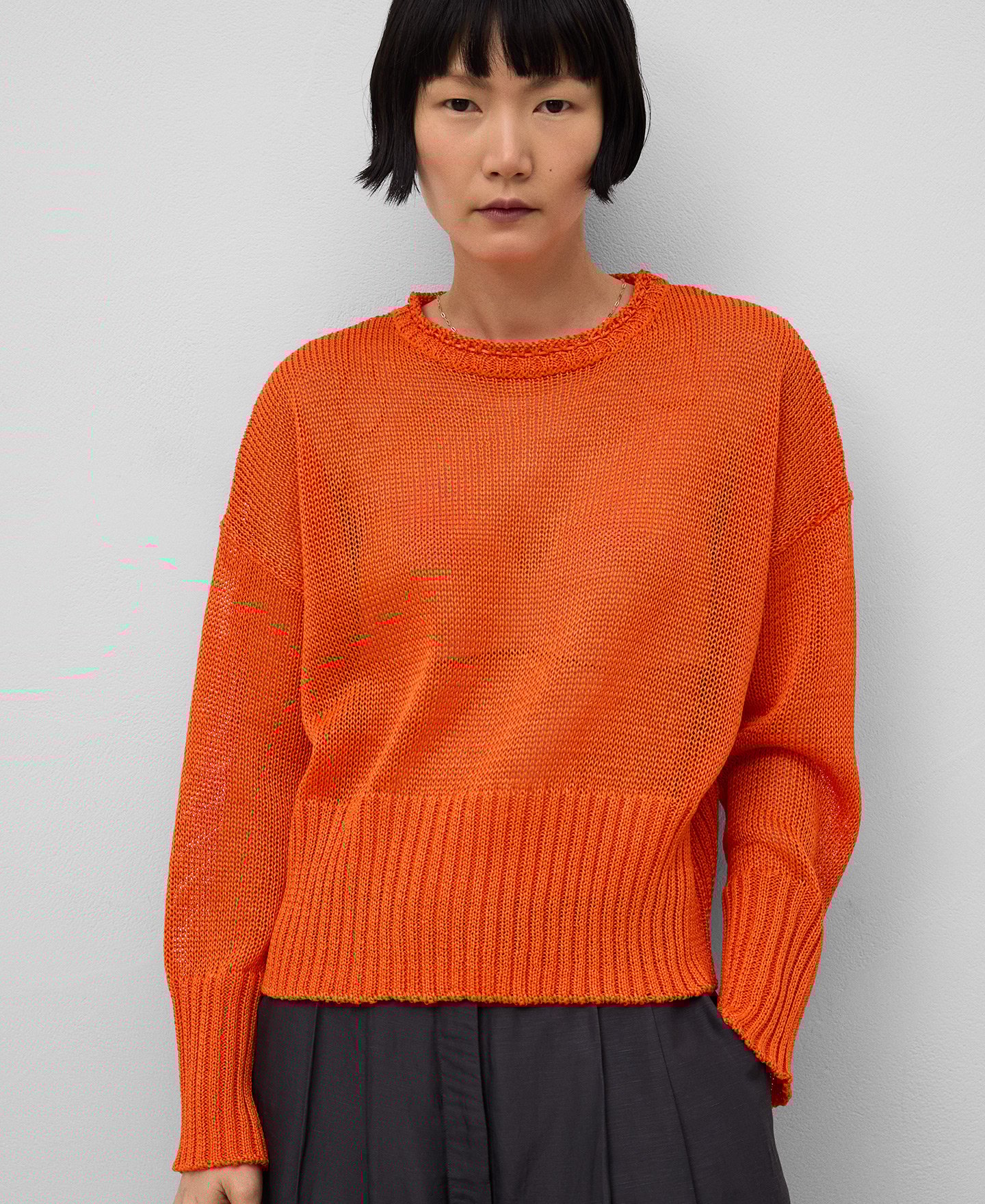 Open knitted crew neck sweater woman image number 0