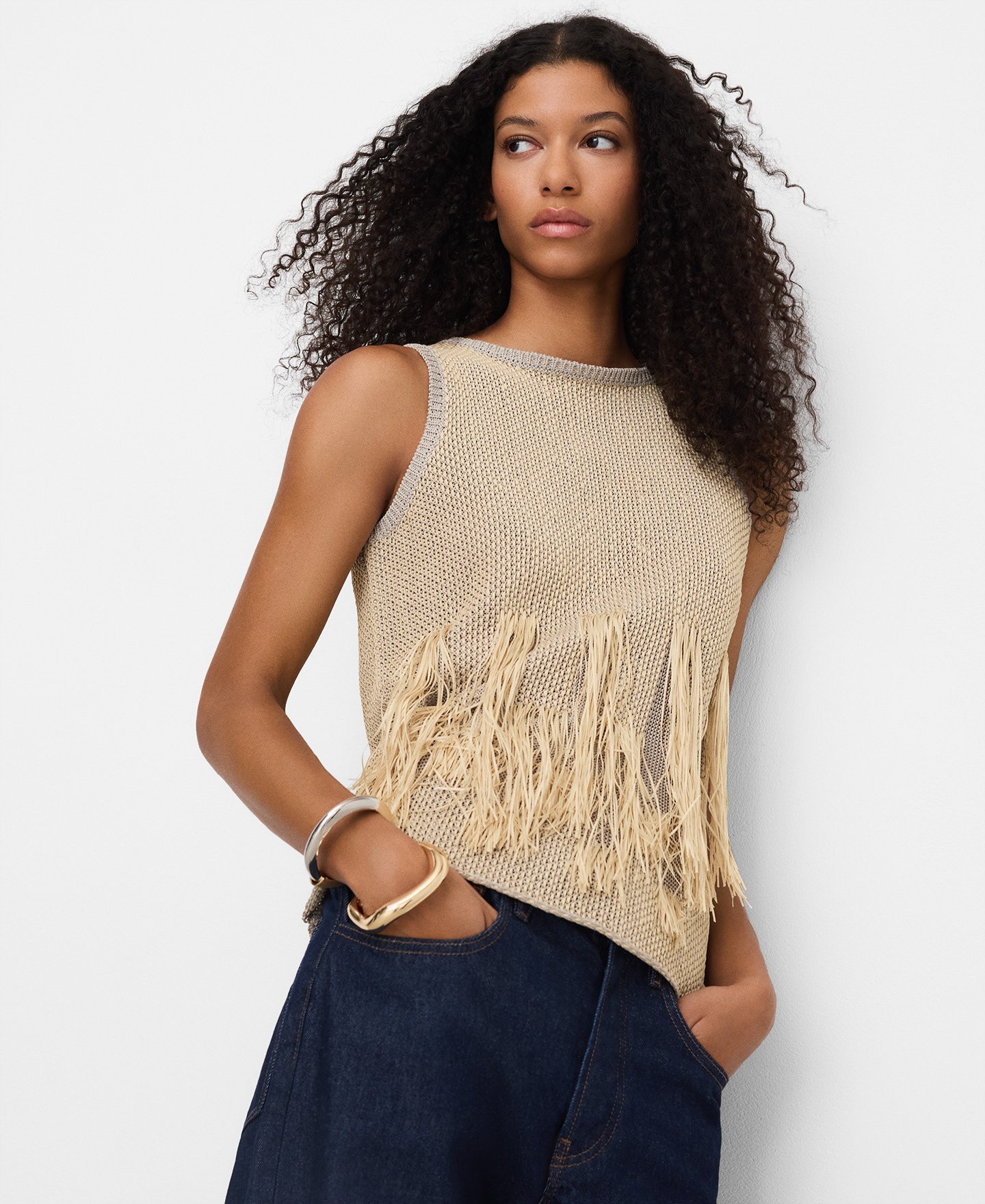Fringed jacquard knit tank top image number 0