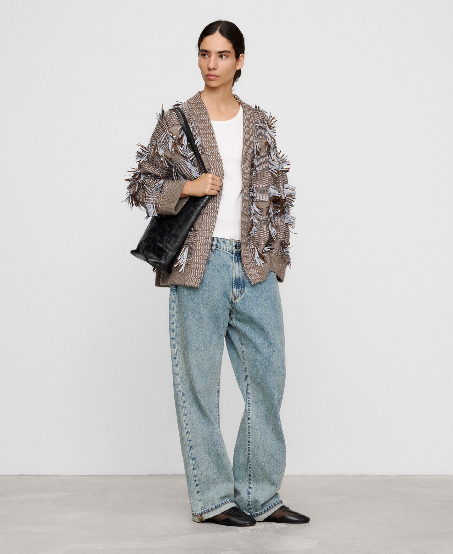 Jacquard oversize cardigan with fringes image number 1
